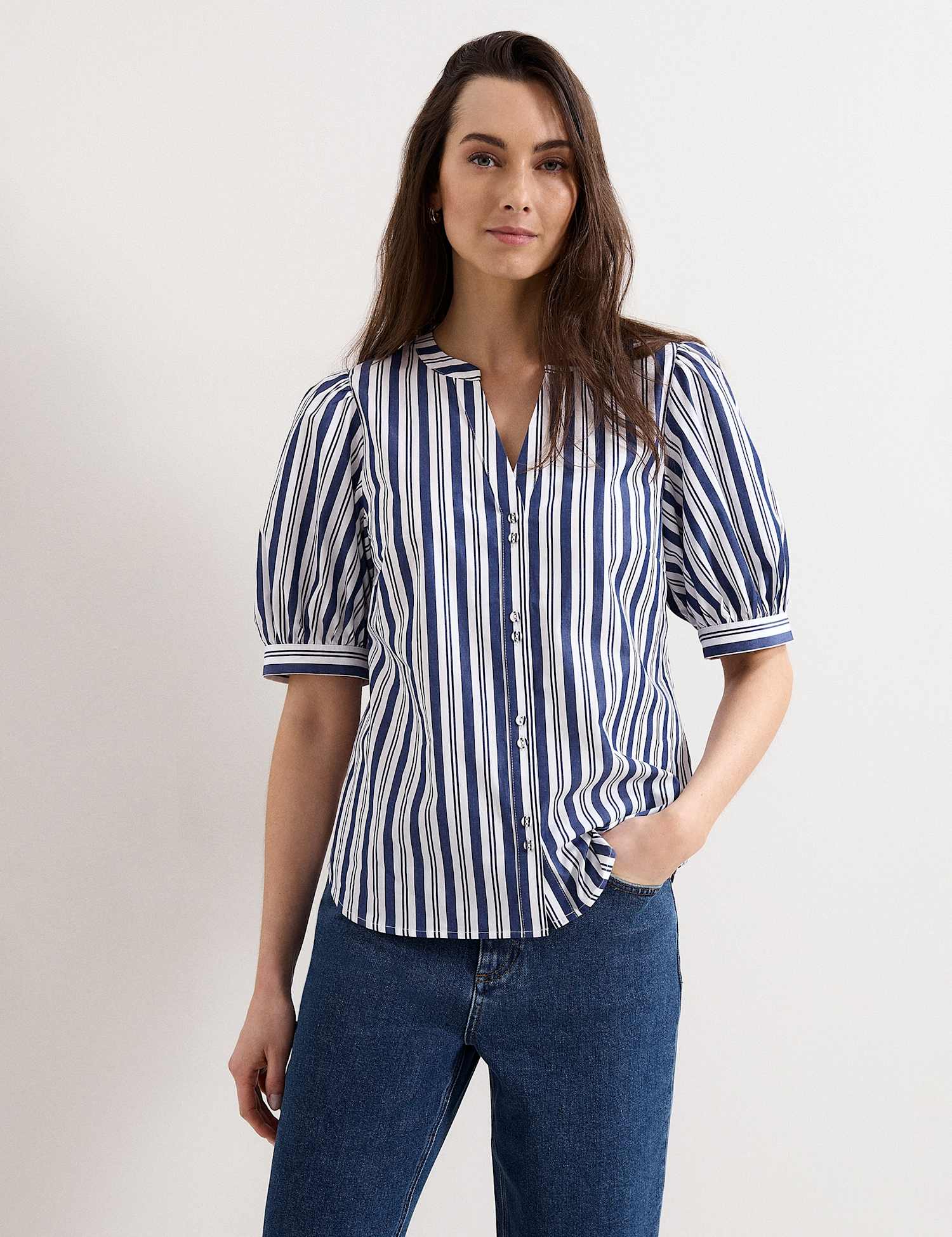 Phase Eight Pure Cotton Striped Blouse Navy Mix