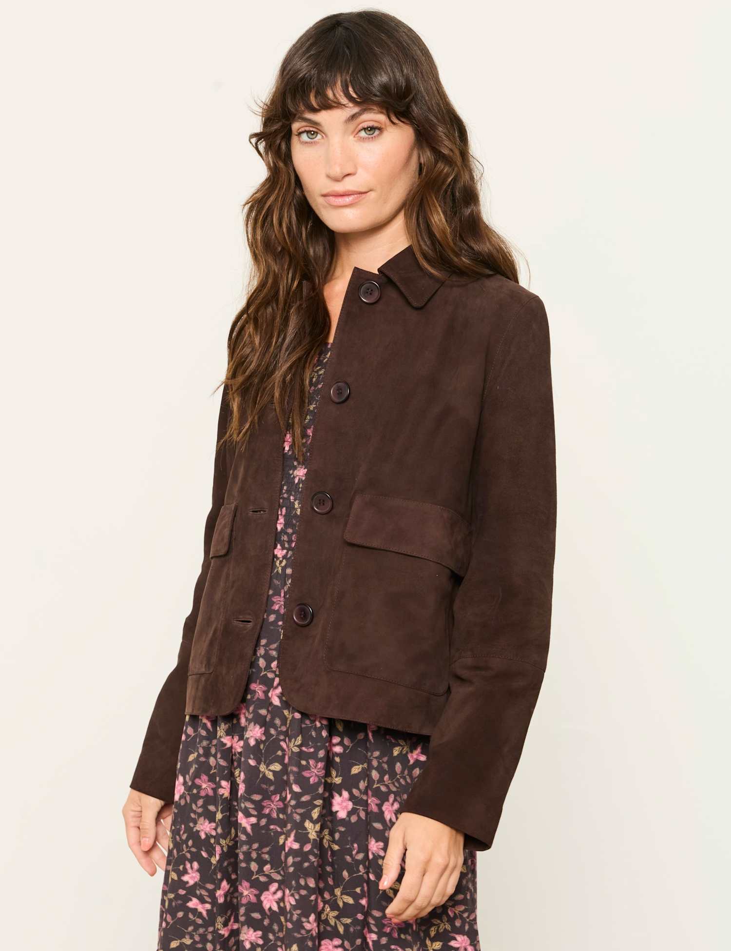 FatFace Suede Cropped Jacket Chocolate
