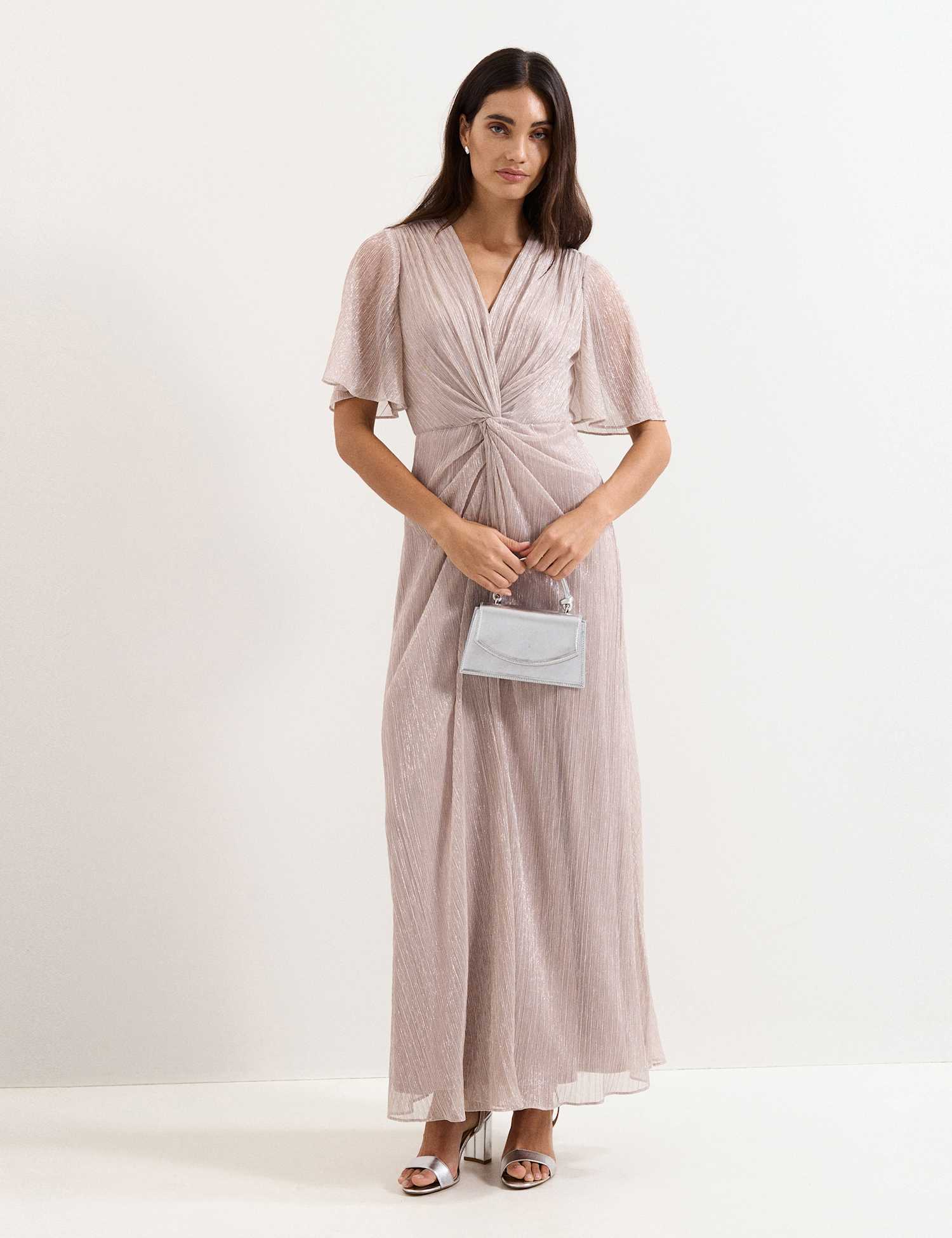 Phase Eight Metallic Plisse V-Neck Maxi Waisted Dress Metallic