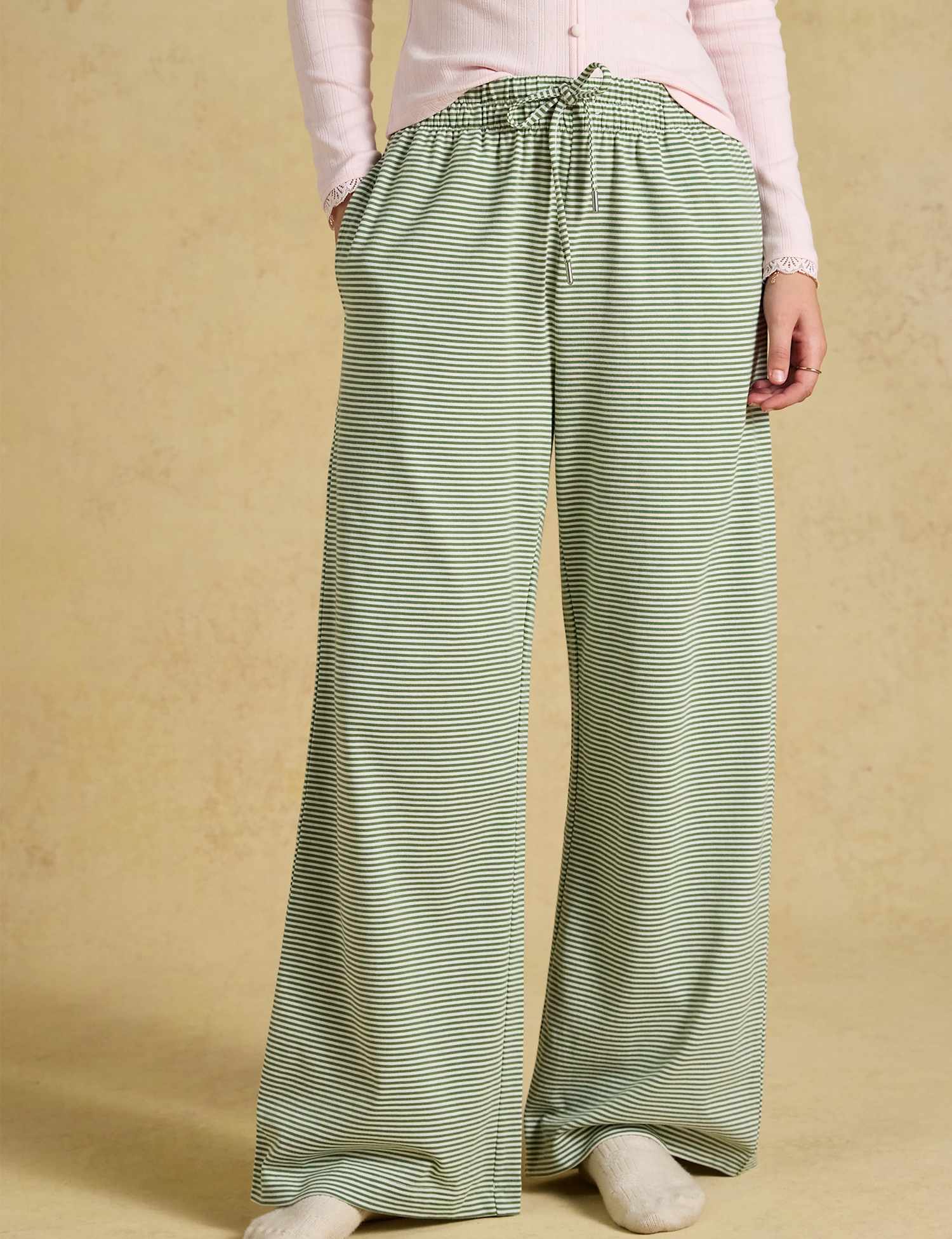 Joules Pure Cotton Striped Pull On Wide Leg Joggers Green Mix