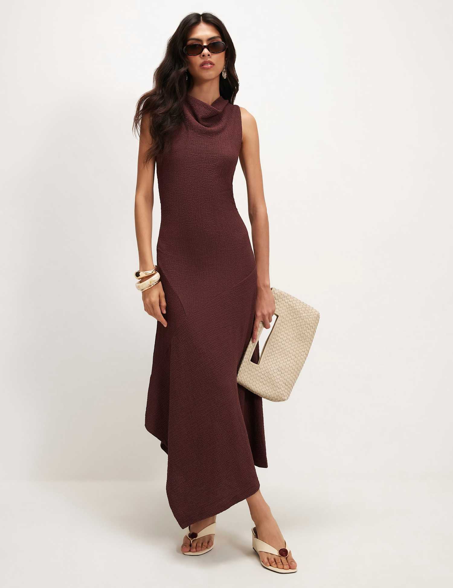 River Island Textured Halter Neck Midi Skater Dress Chocolate