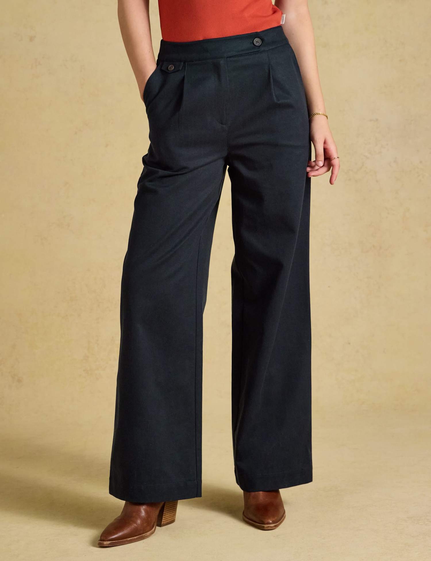 Joules Cotton Blend Pleat Front Wide Leg Trousers Navy