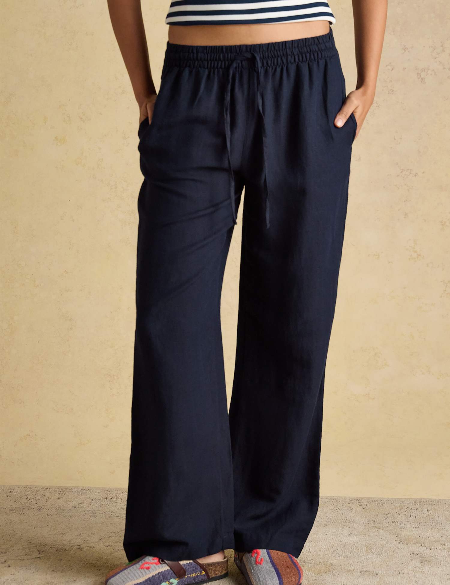 Joules Linen Blend Wide Leg Trousers Navy