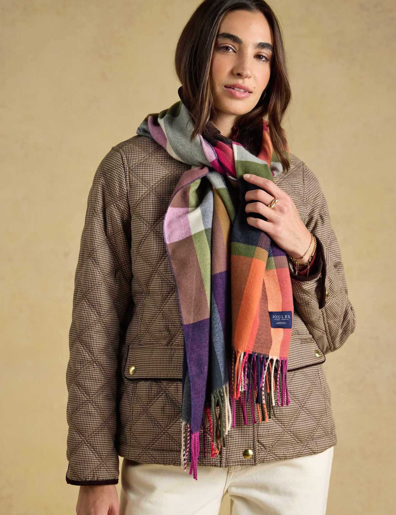 Joules Woven Checked Tassel Scarf Green Mix