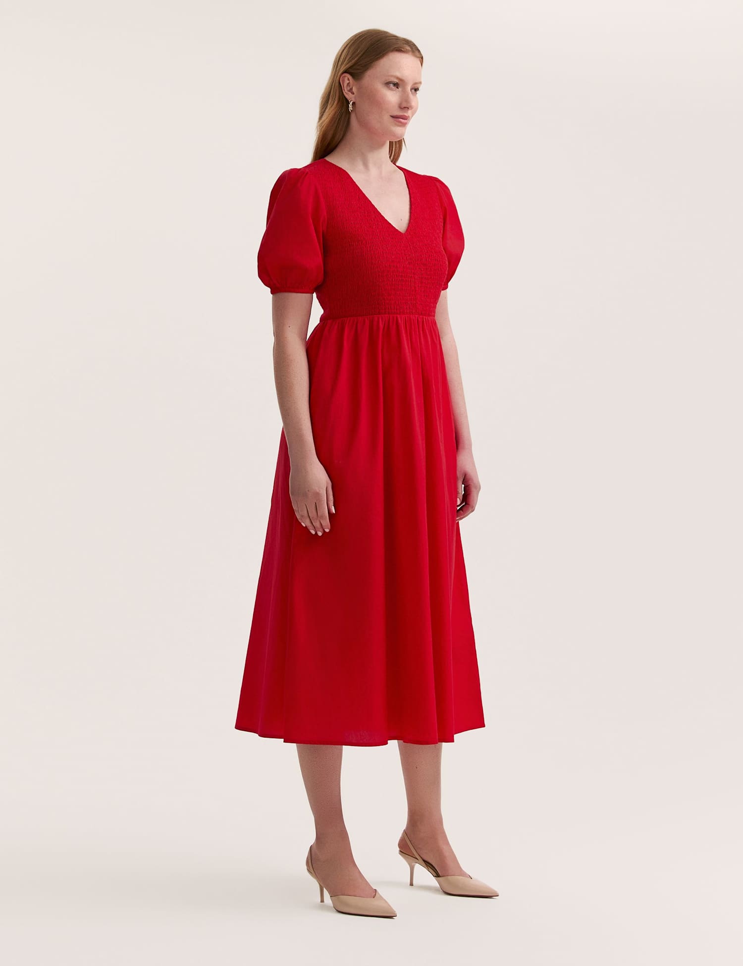 Finery London Pure Cotton V-Neck Midi Shirred Dress Red