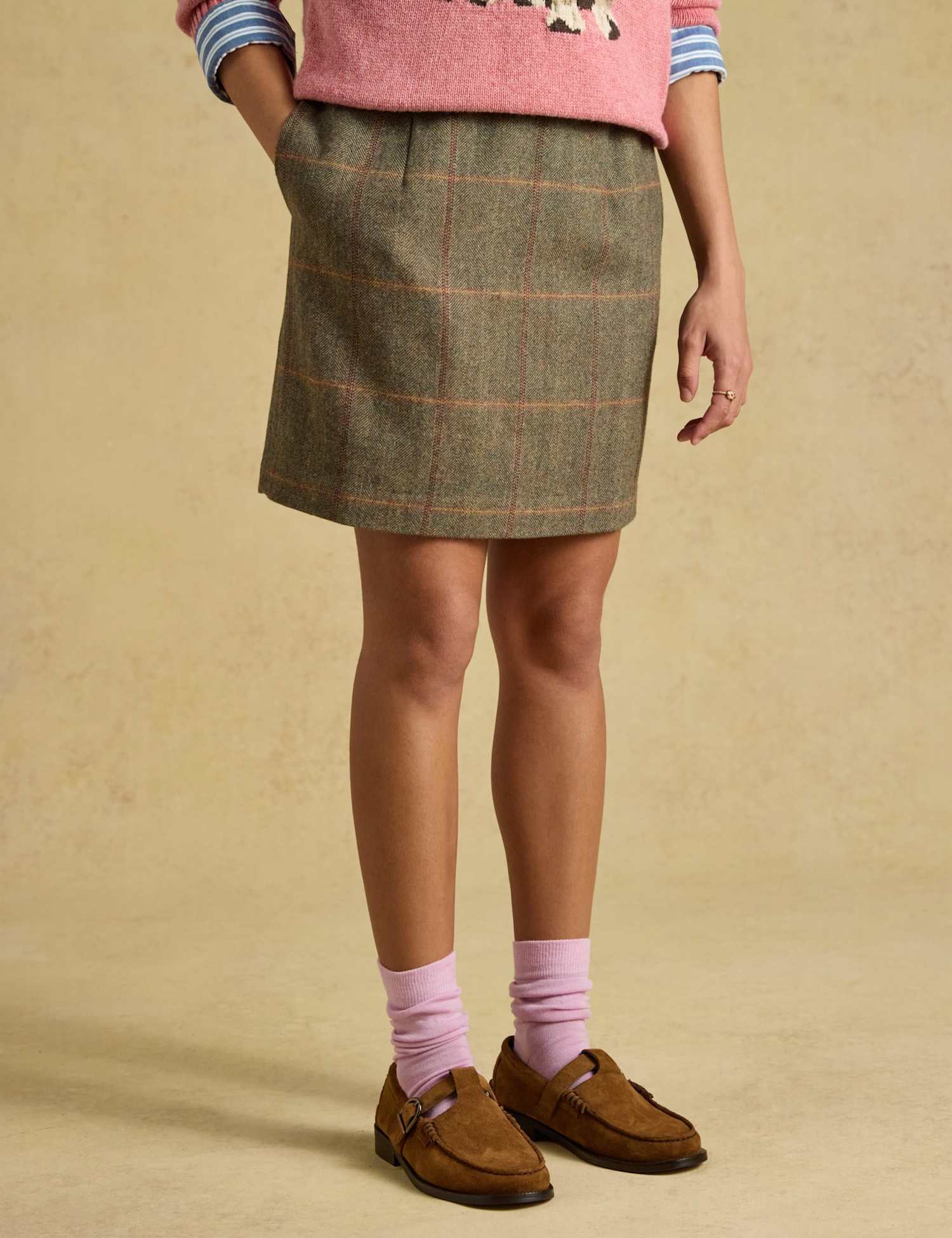 Joules Checked Tweed Wool Blend A Line Skirt Green Mix