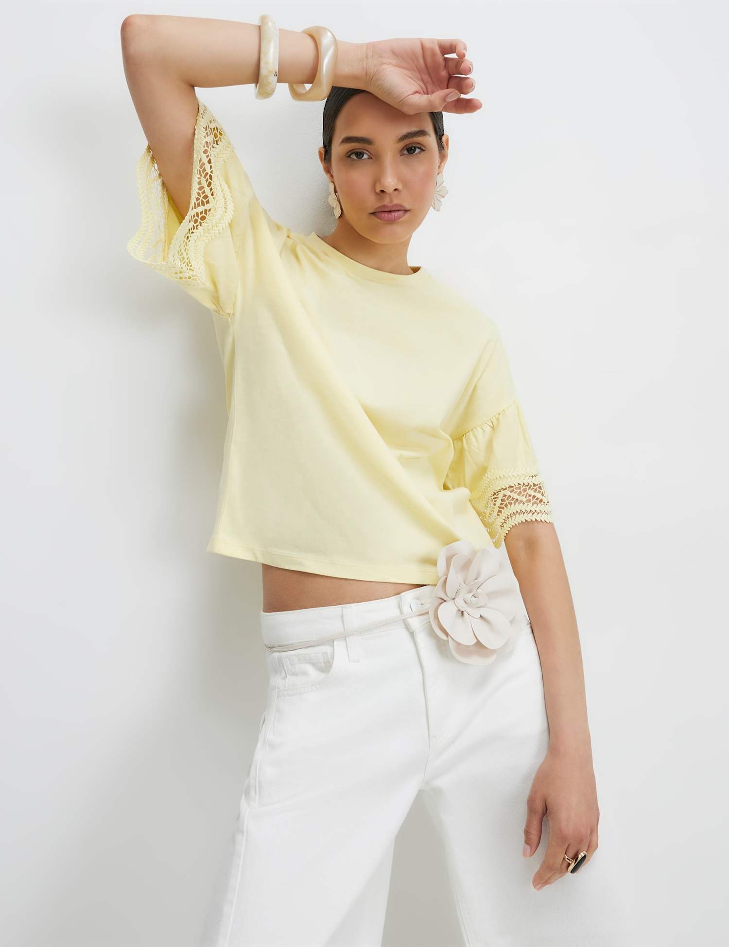 River Island Lace Trim Drop Shoulder T-Shirt Yellow