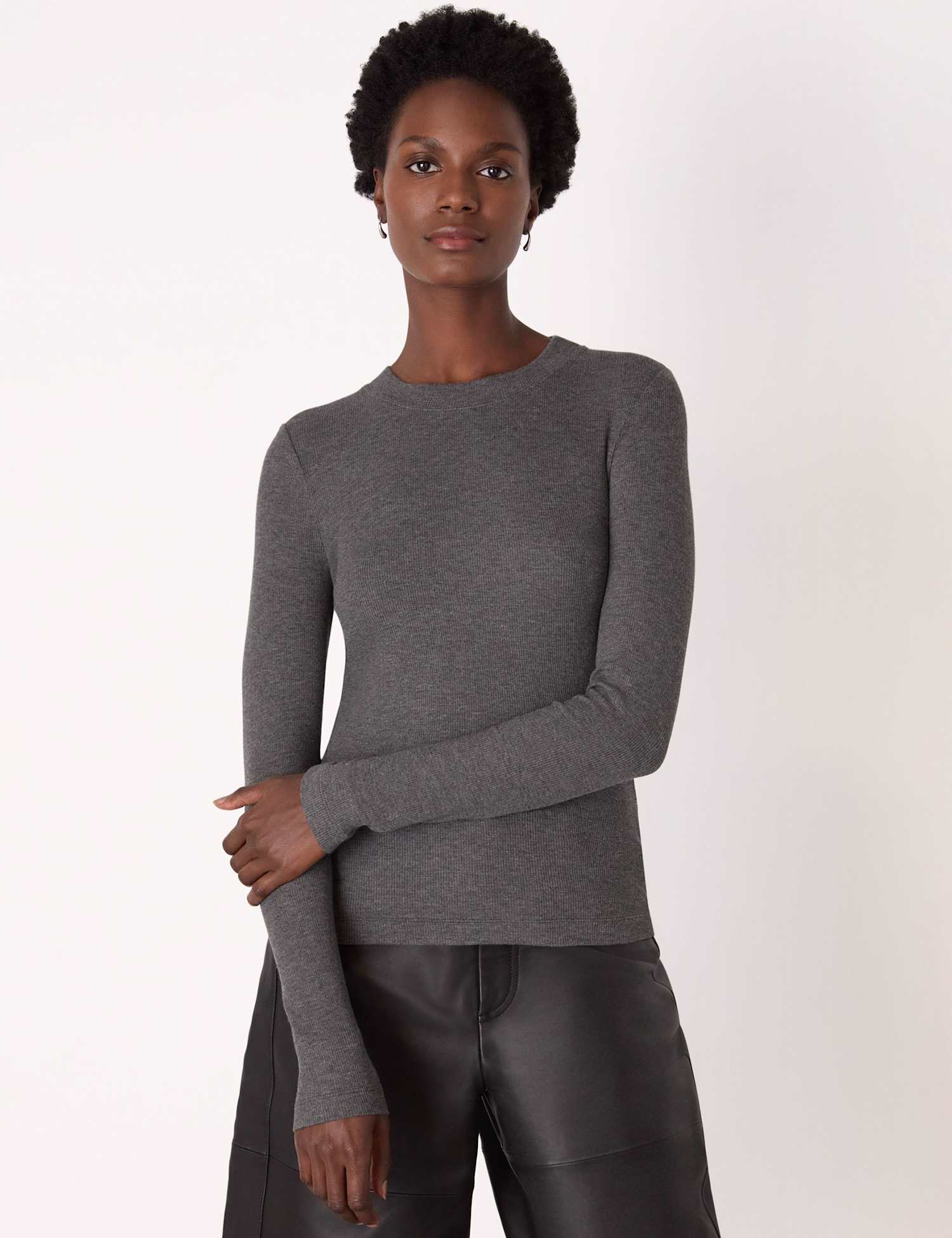 Whistles Ribbed Crew Neck Top Dark Grey