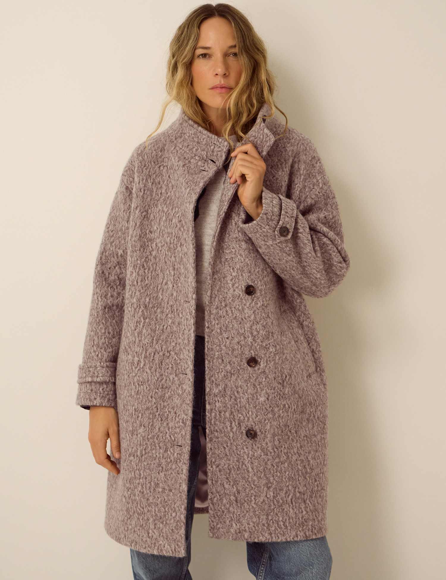 Monsoon Textured Funnel Neck Coat Light Brown