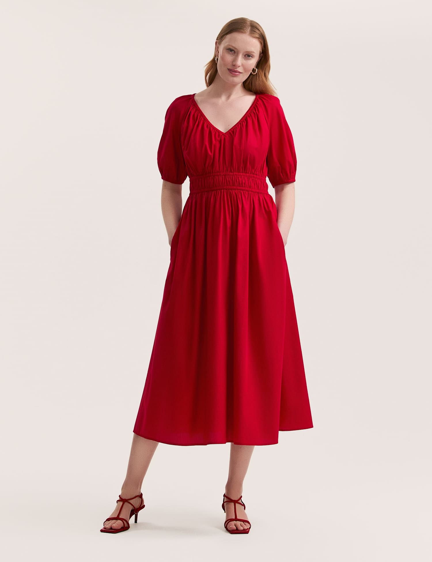 Finery London Pure Cotton V-Neck Midi Waisted Dress Red