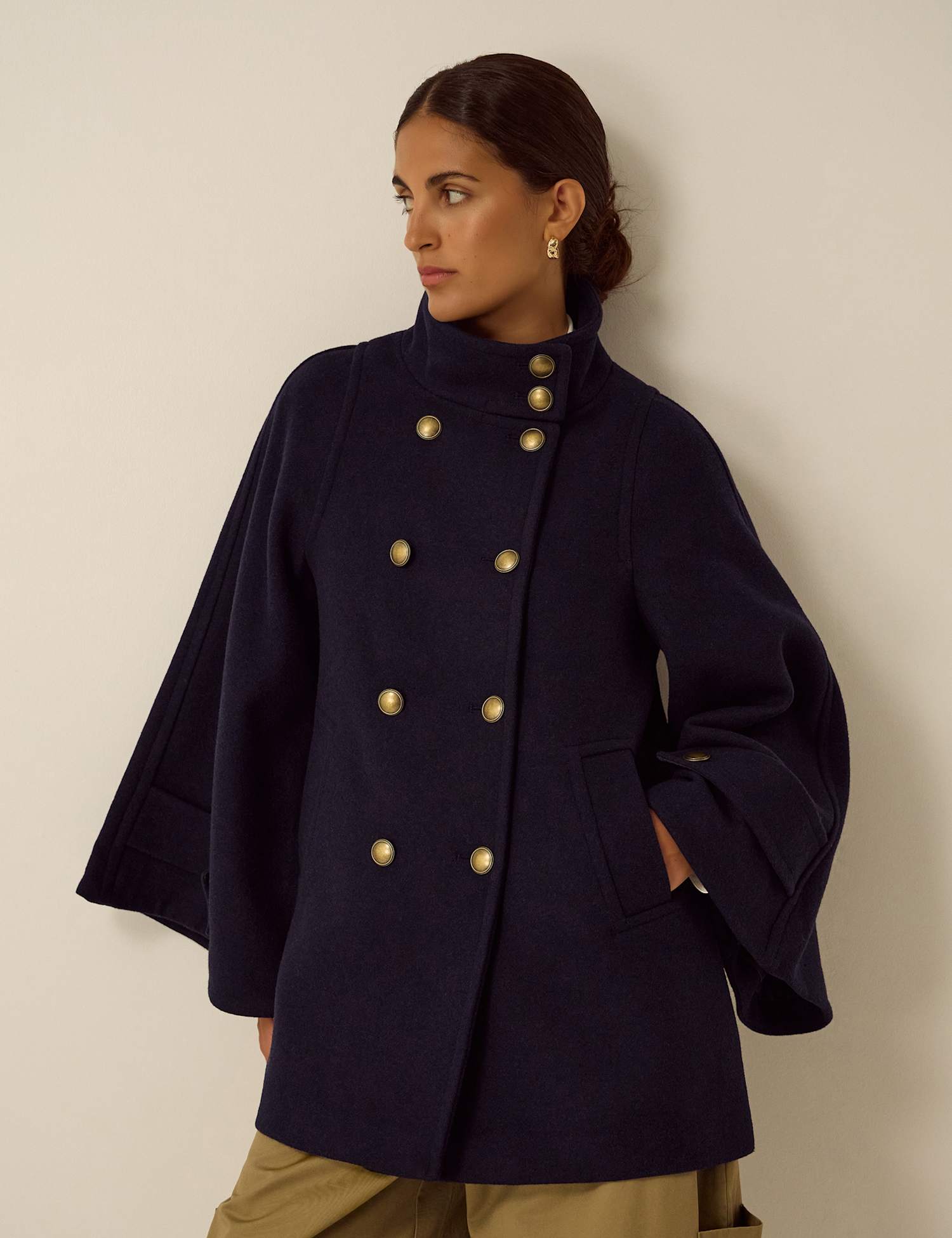 Monsoon Funnel Neck Cape Coat with Wool Navy