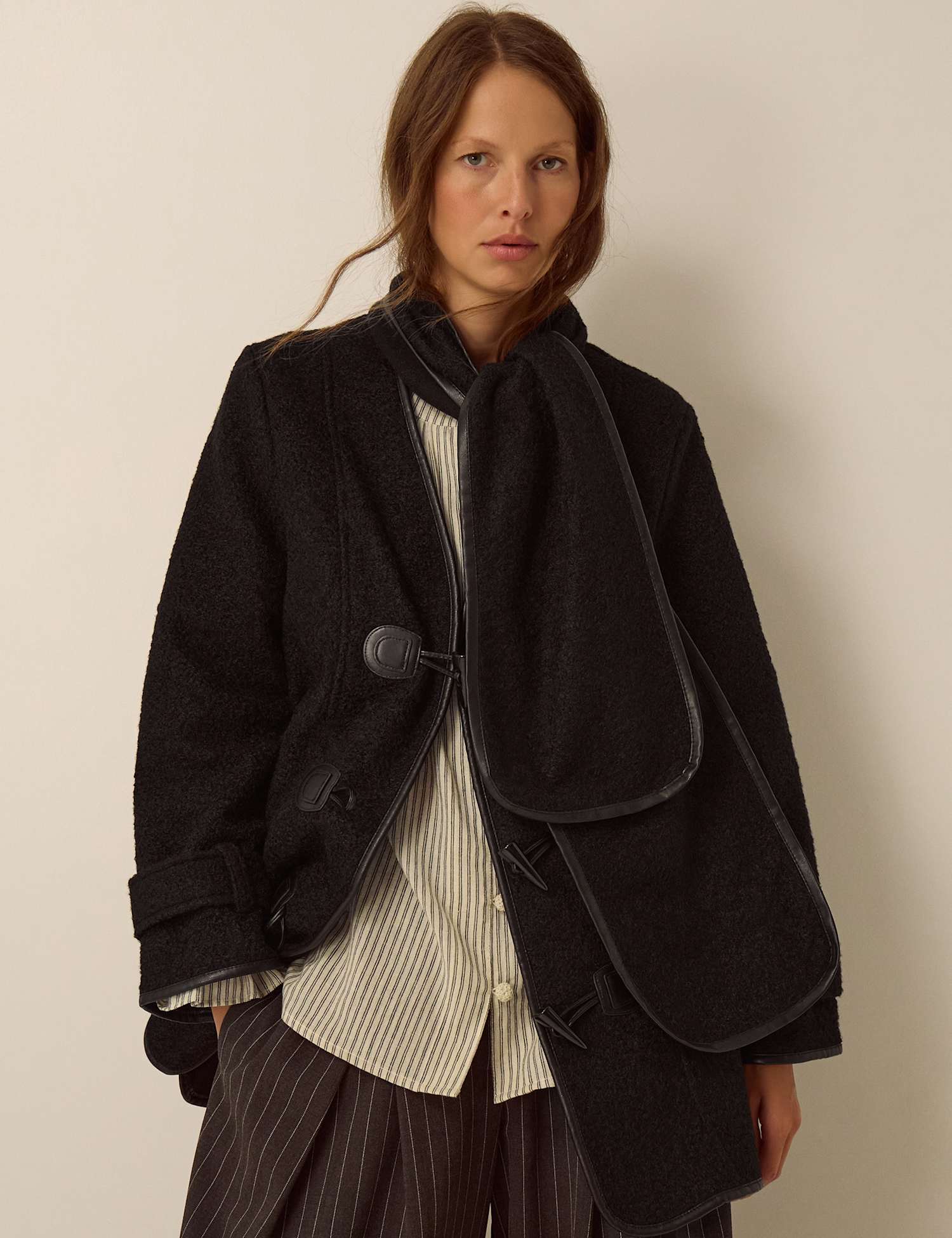 Monsoon Boucle Lined V Neck Duffle Coat Black