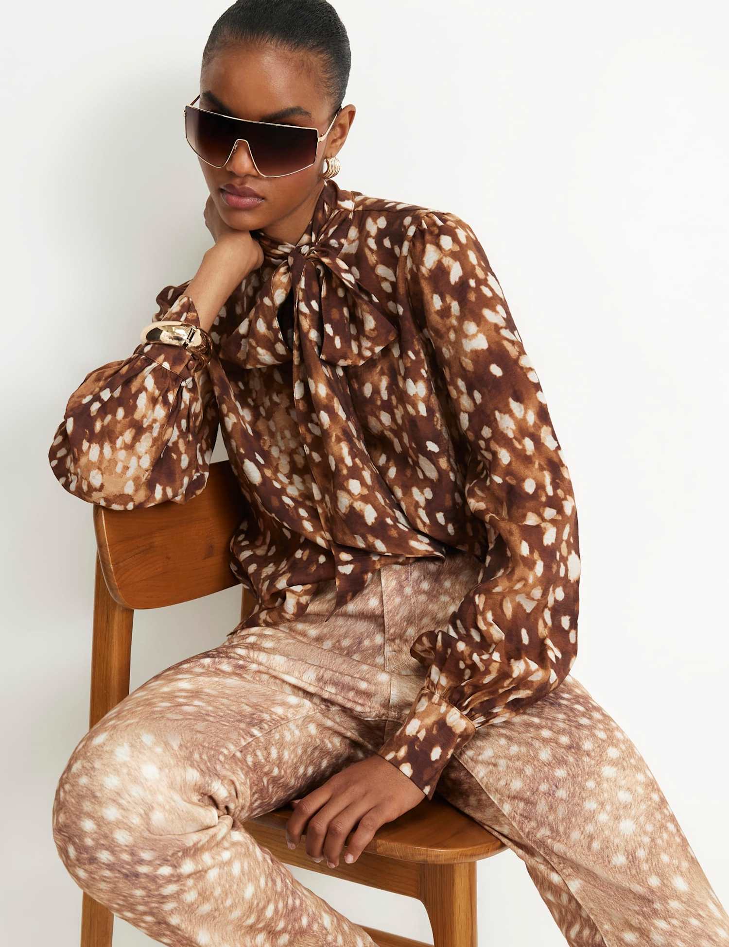 River Island Deer Print Tie Neck Blouse Brown Mix