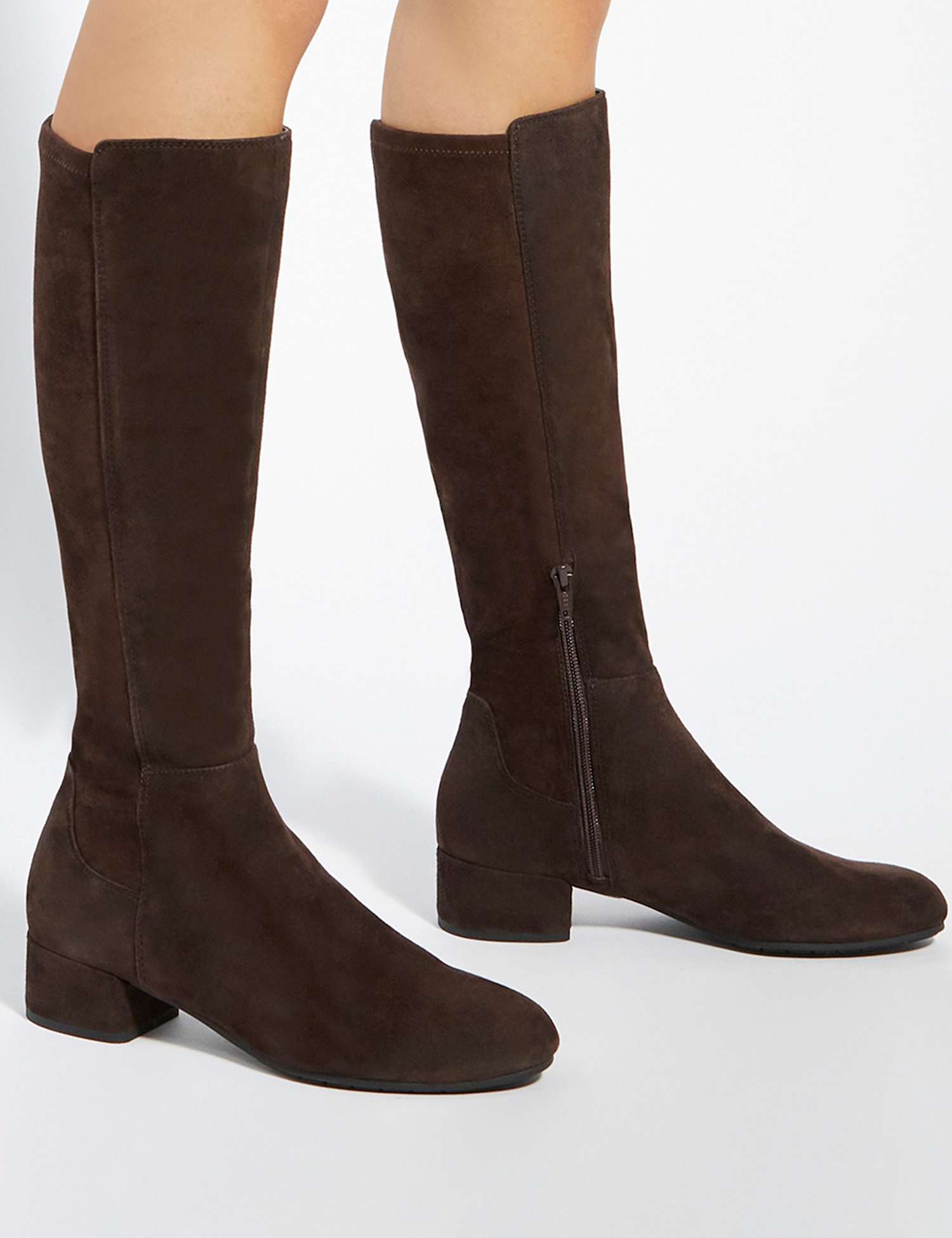 Dune London Suede Block Heel Knee High Boots Brown
