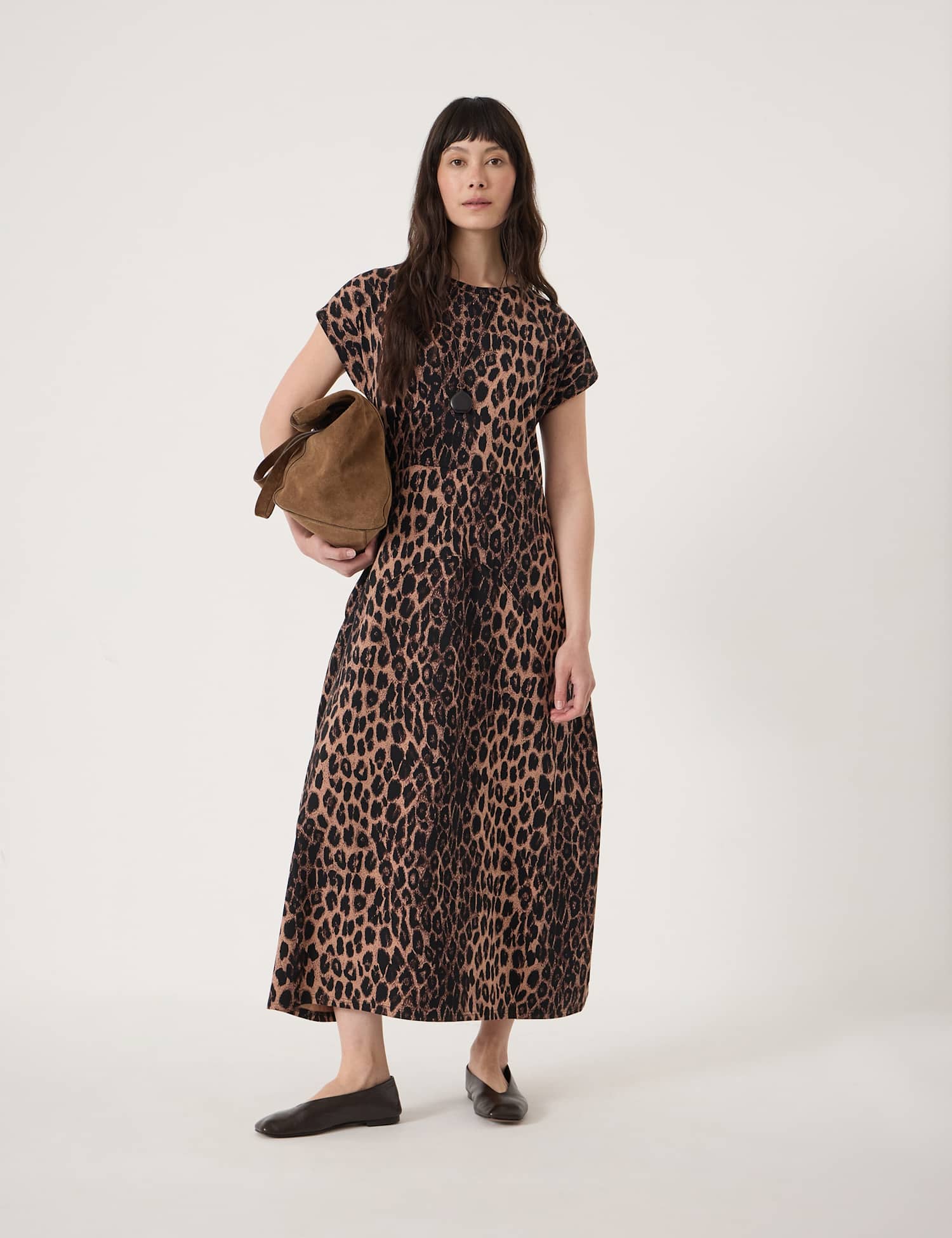 HUSH Cotton Rich Leopard Print Midaxi Waisted Dress Brown Mix