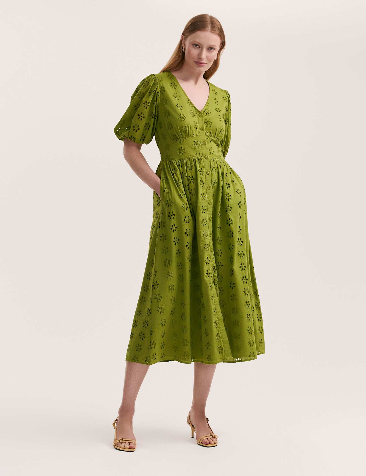Finery London Pure Cotton Broderie V-Neck Midi Dress Light Green