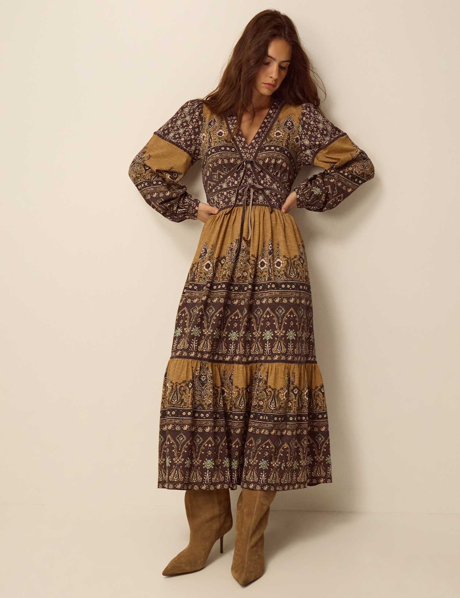 Monsoon Printed Fit And Flare Cotton Midi Dress Yellow Mix