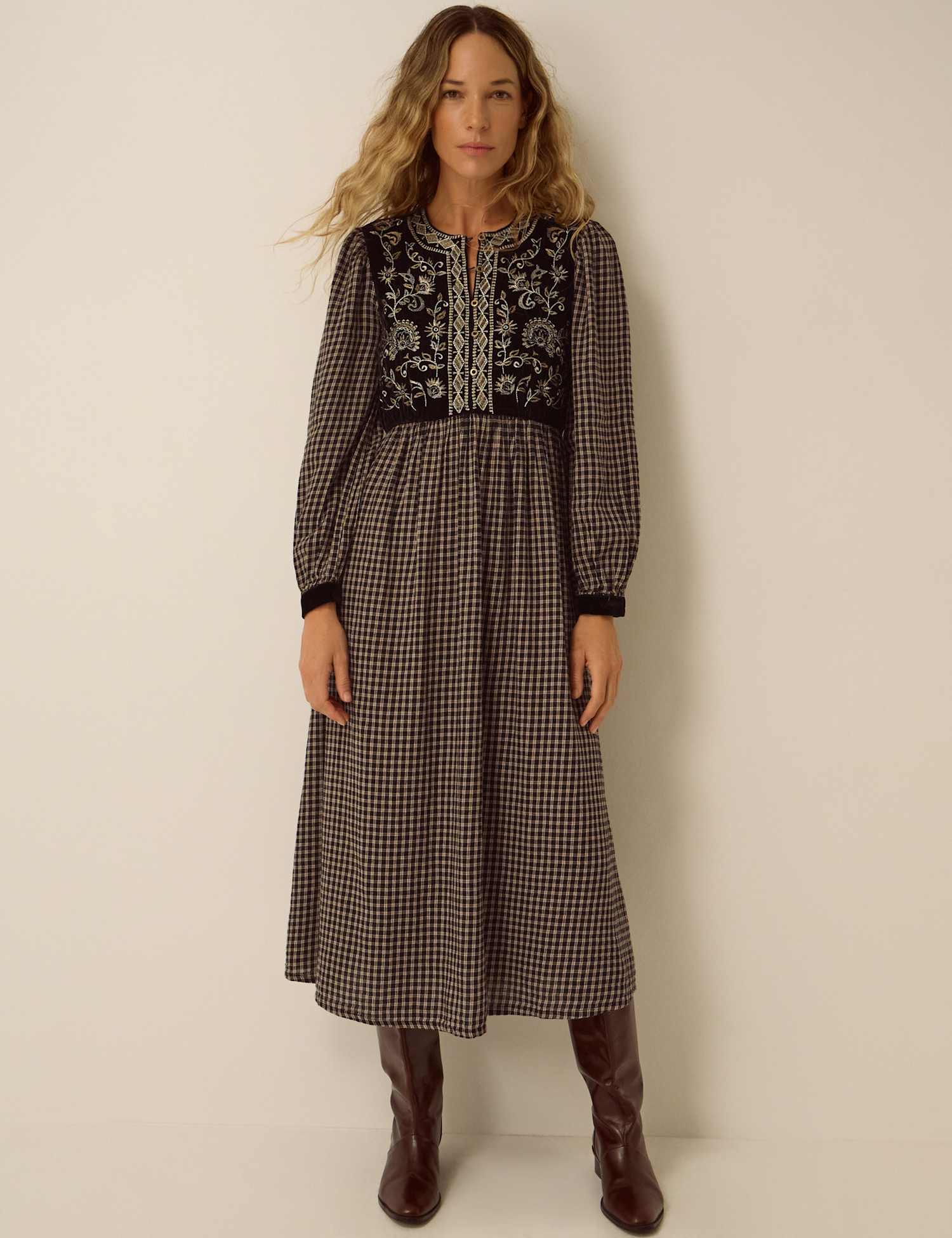 Monsoon Embroidered V Neck Midi Dress Black Mix