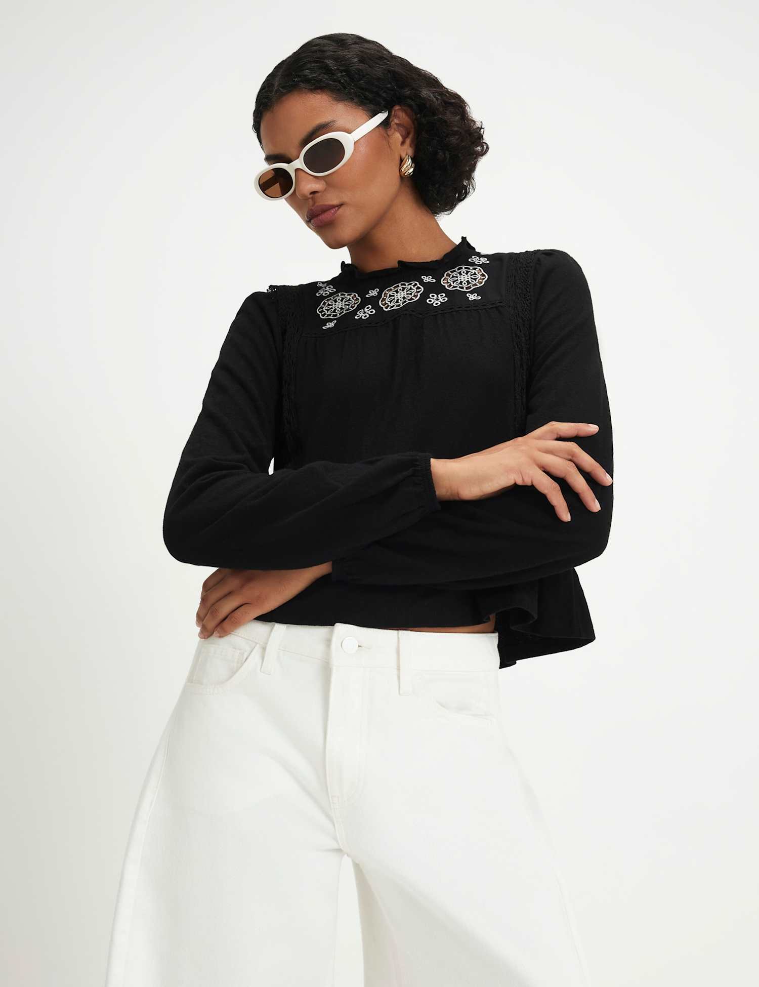 River Island Jersey Floral Broderie High Neck Blouse Black Mix