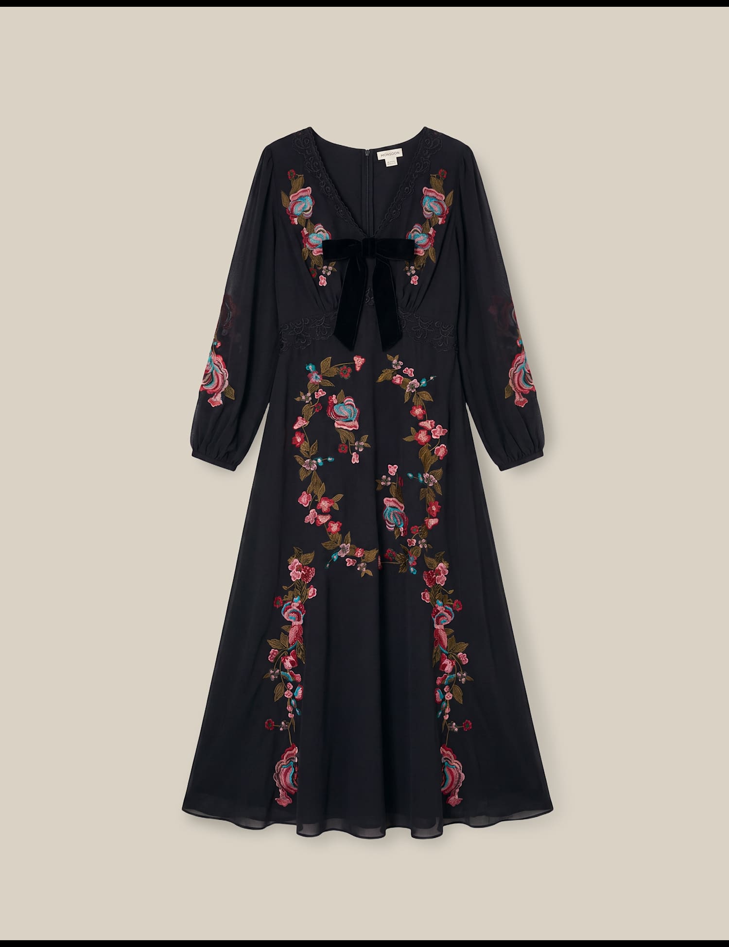 Monsoon Embroidered V-Neck Midi Tea Dress Black Mix