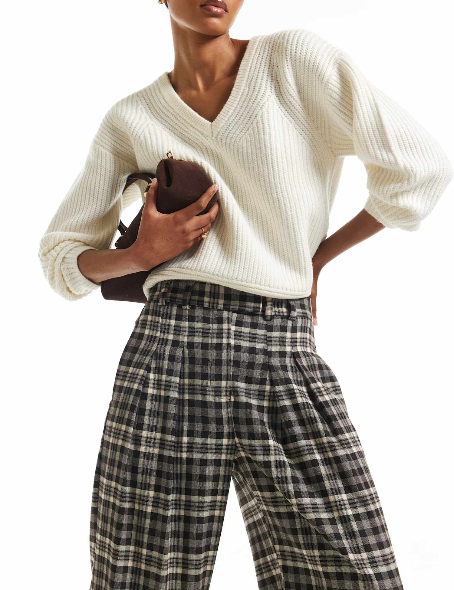 River Island Checked Elasticated Waist Straight Trousers Brown Mix