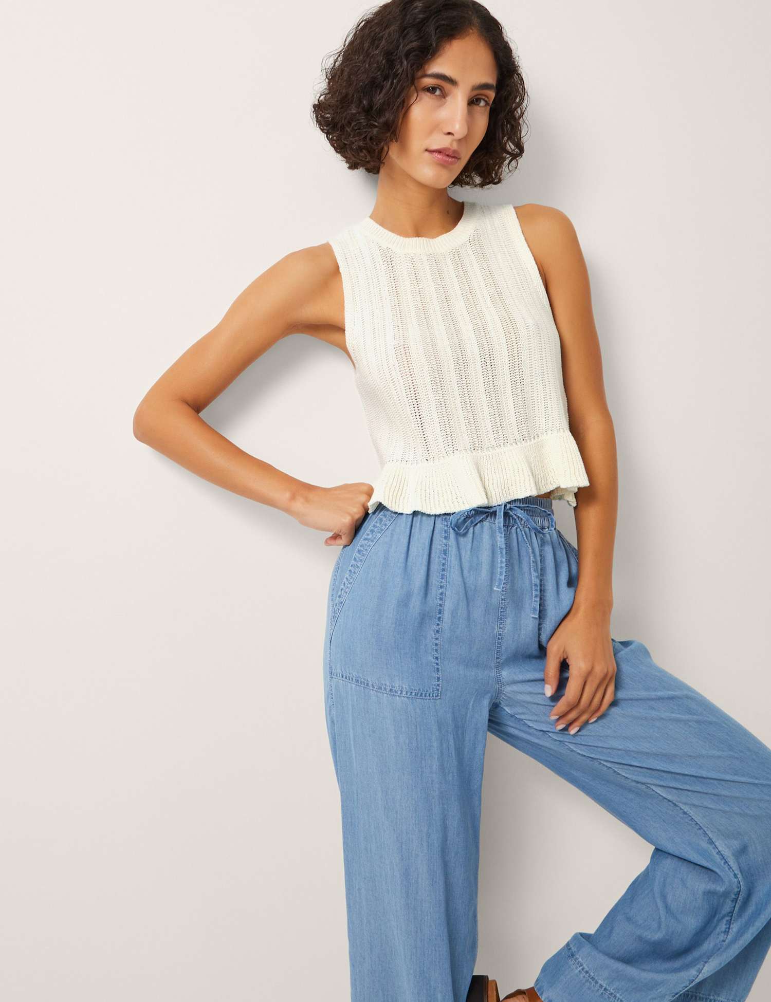 Monsoon Cotton Rich Ruffle Knitted Top Ivory