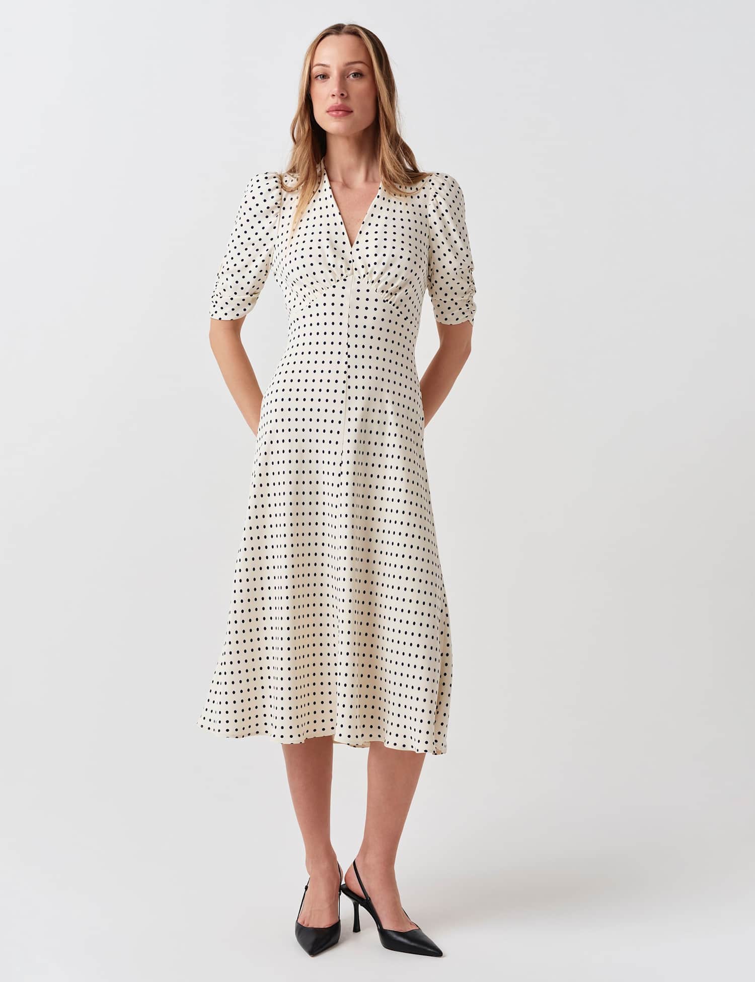 Ghost Crepe Polka Dot V-Neck Midi Tea Dress Ivory Mix