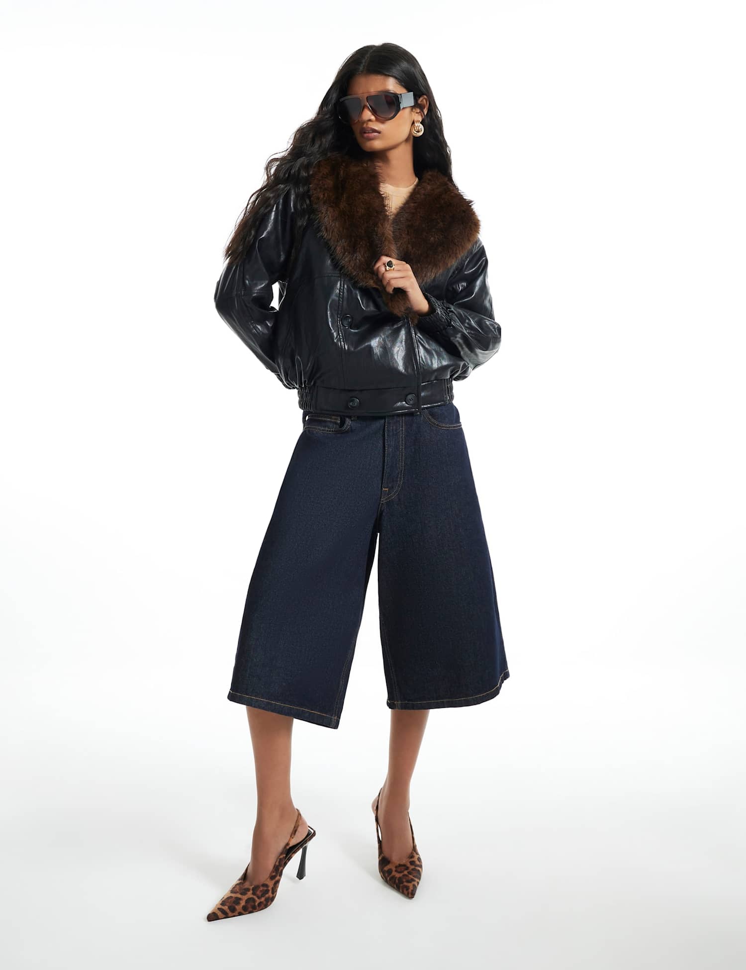 River Island Faux Leather Faux Fur Collar Aviator Jacket Black