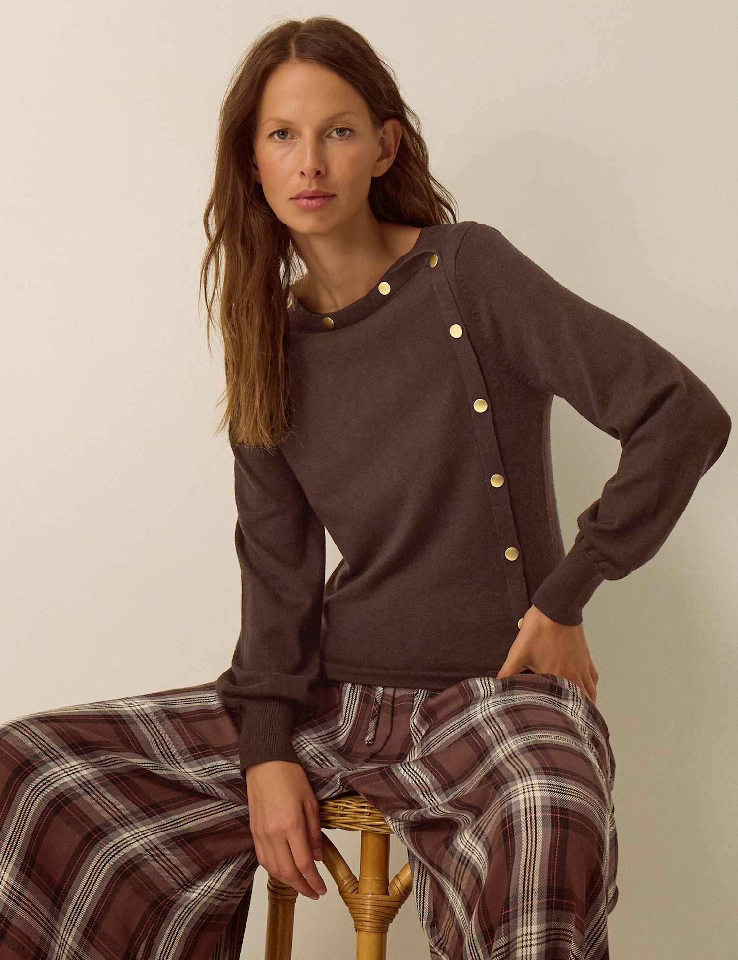 Monsoon Round Neck Button Detail Jumper Chocolate