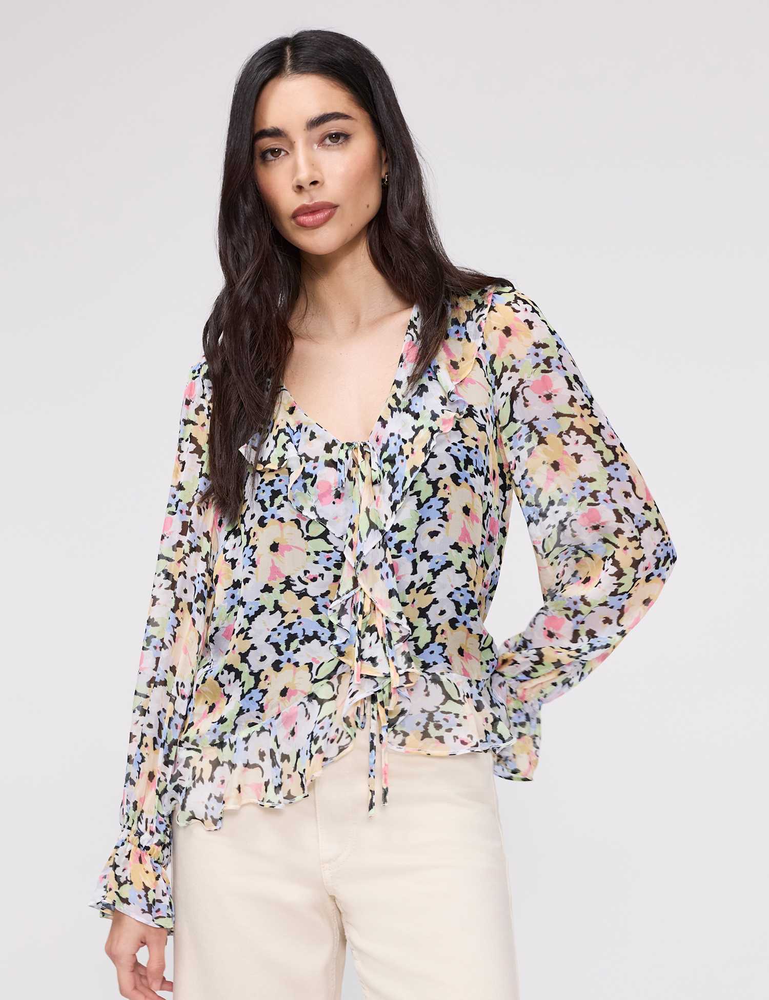 Finery London Floral V- Neck Ruffle Blouse Orange Mix
