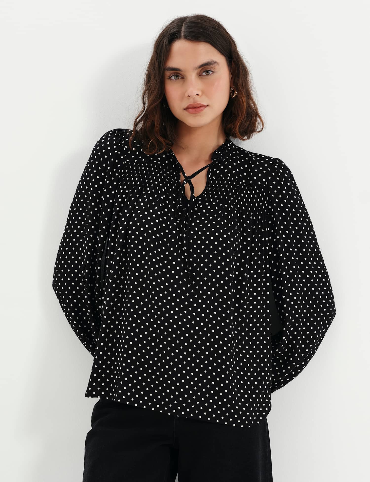 Finery London Polka Dot Shirred Tie Neck Blouse Black Mix