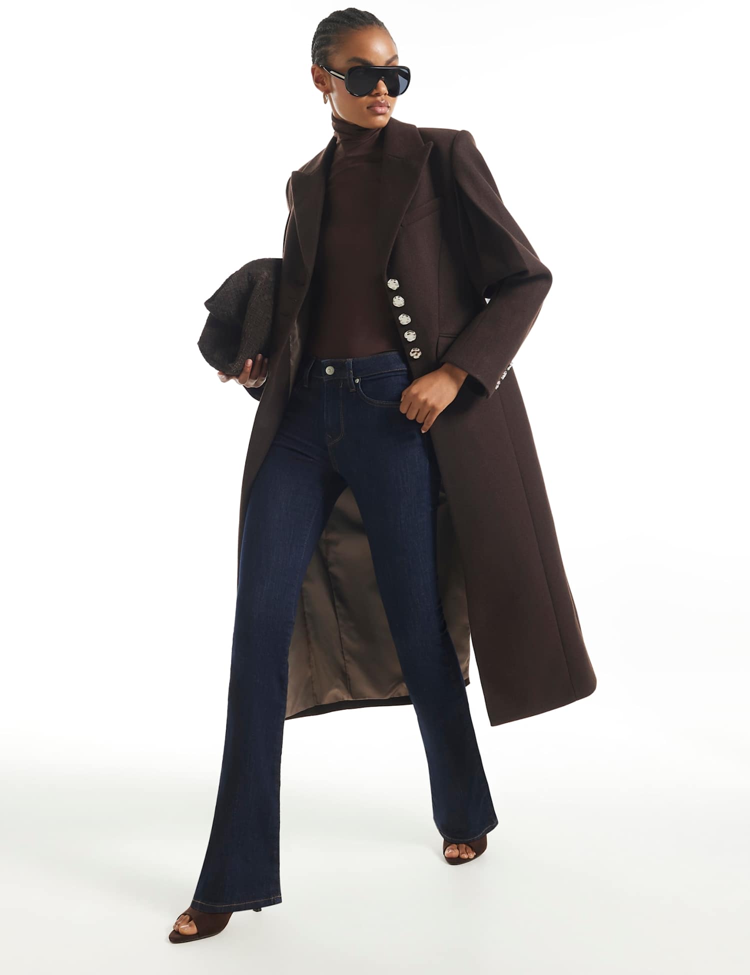 River Island Back Cinch Single Breasted Longline Coat Brown
