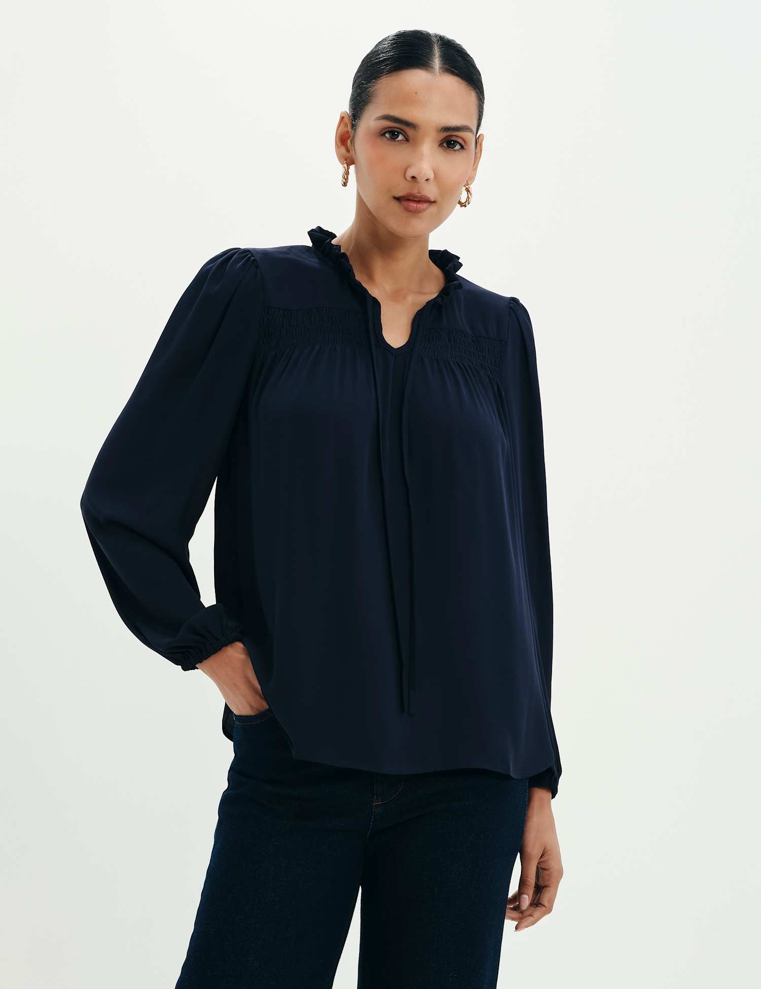 Finery London Shirred Tie Neck Blouse Navy