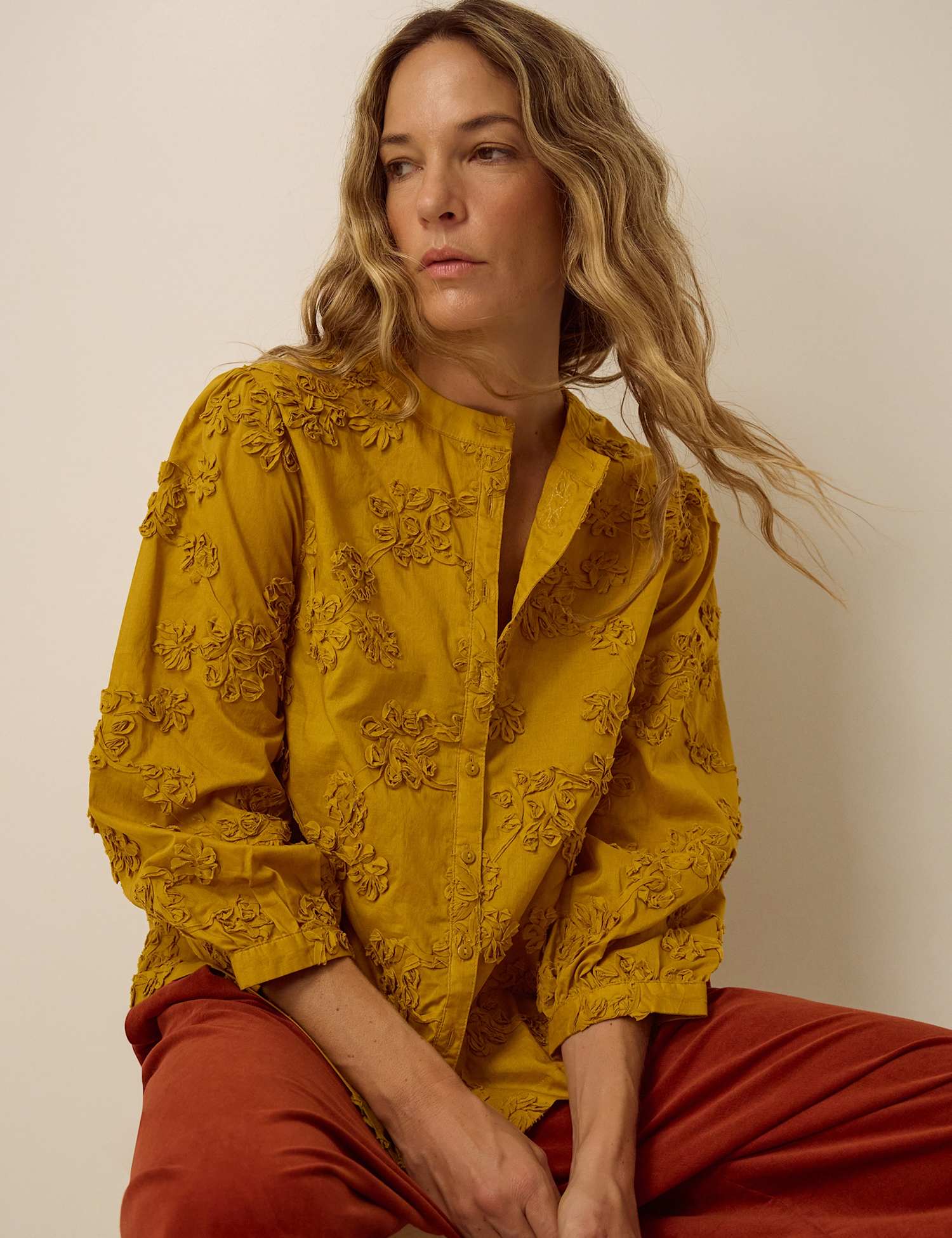 Monsoon Embroidered Round Neck Cotton Shirt Yellow