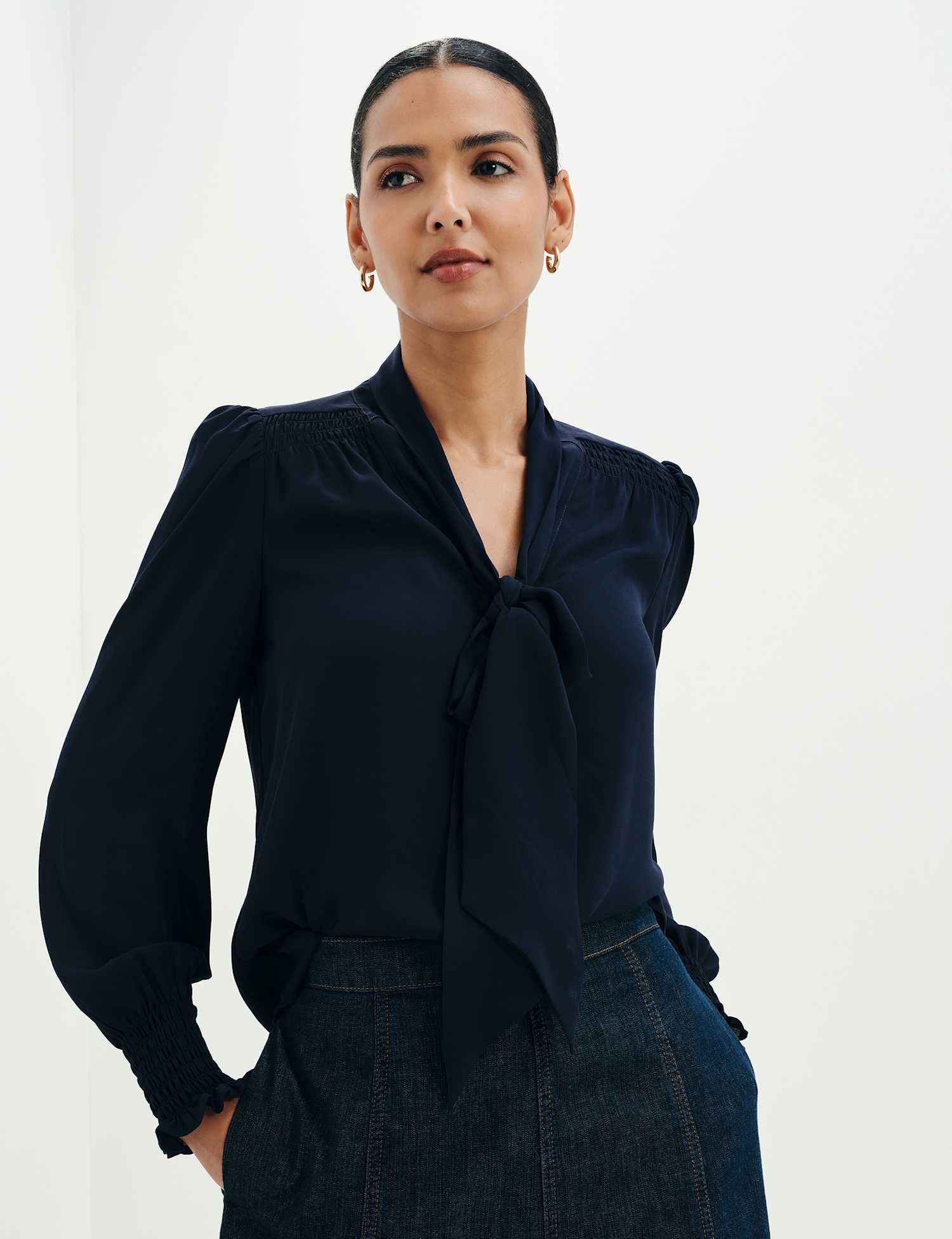 Finery London Tie Neck Button Through Blouson Sleeve Blouse Navy