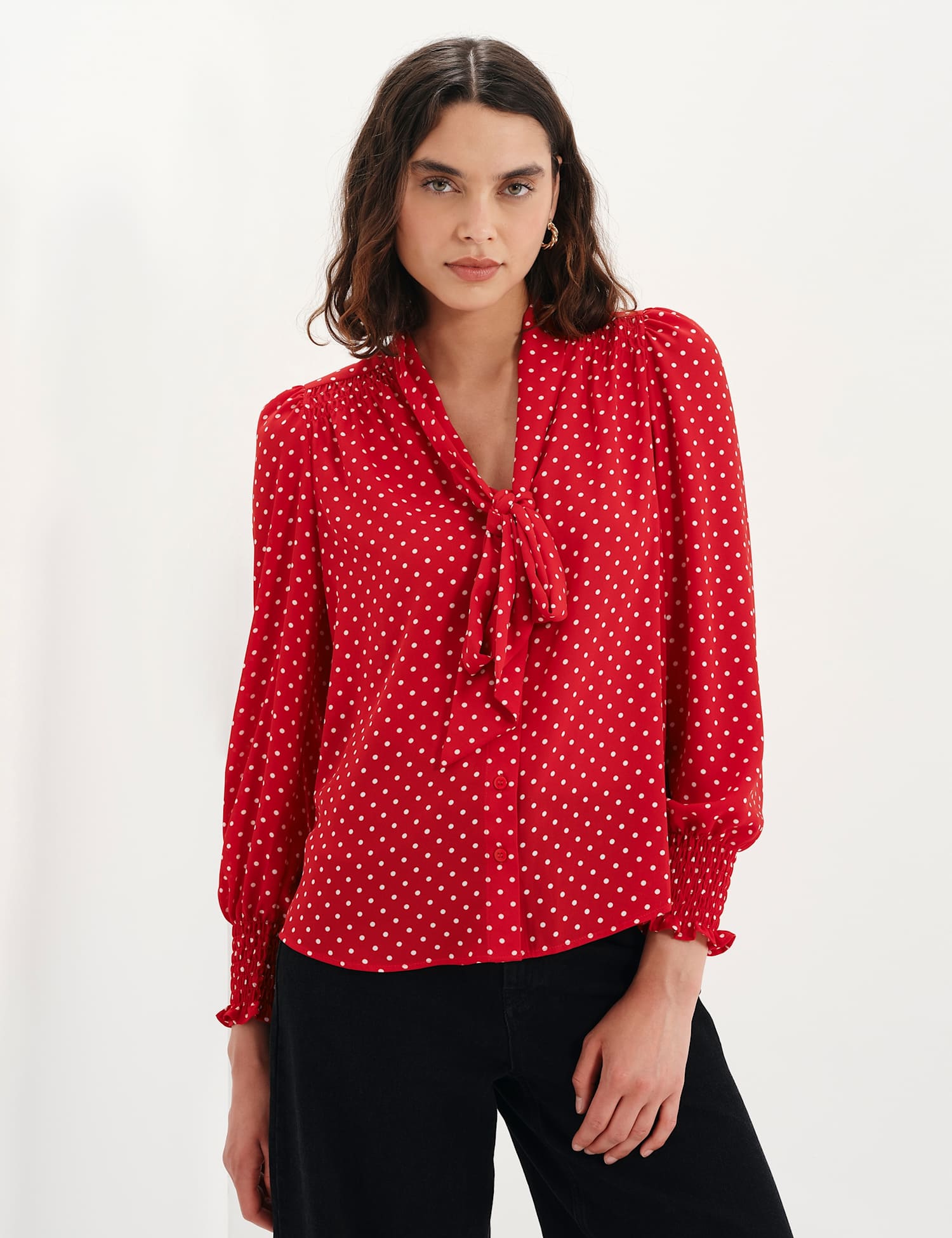 Finery London Polka Dot Tie Neck Button Through Blouse Red Mix