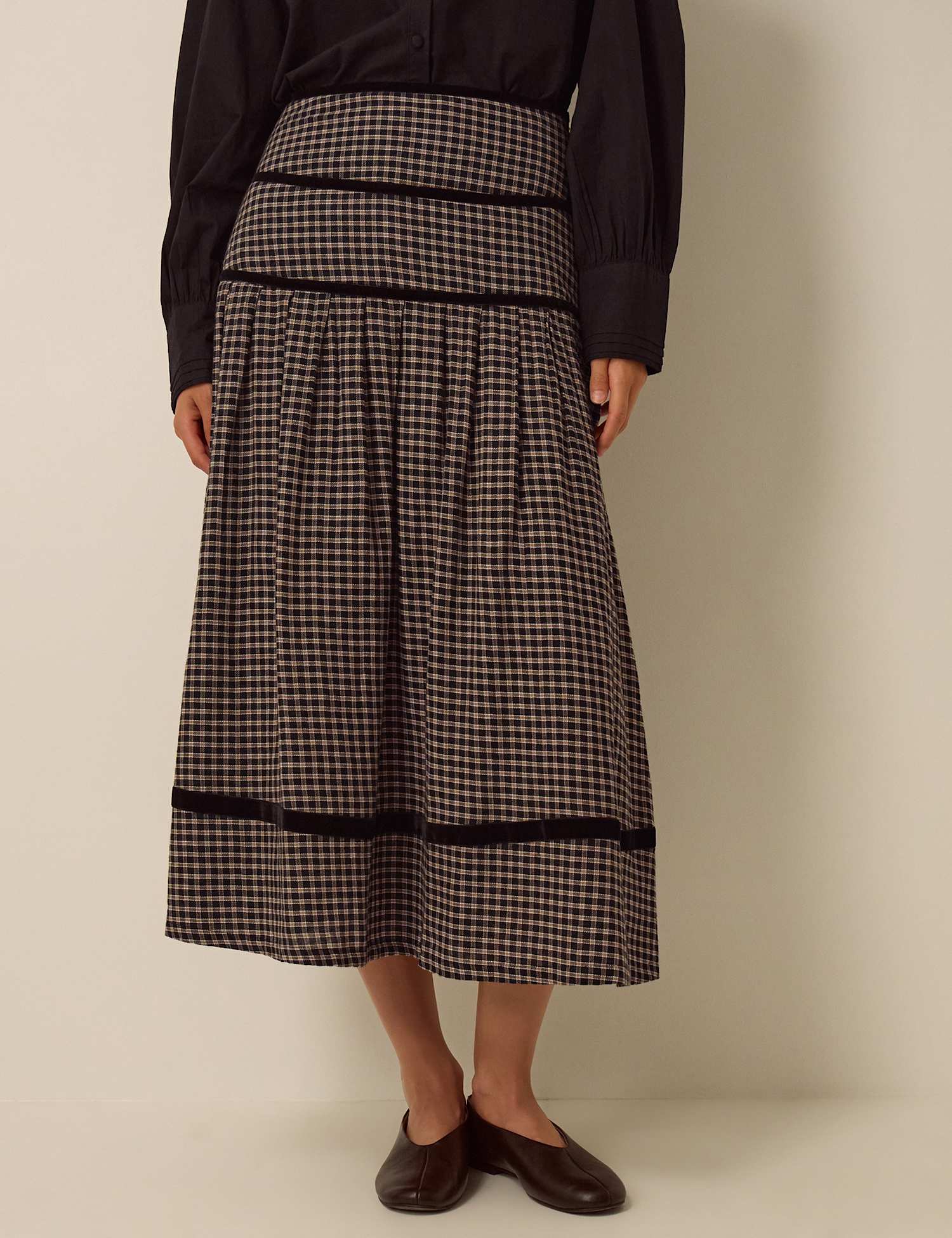 Monsoon Pure Cotton Checked Tiered Midi Skirt Black Mix