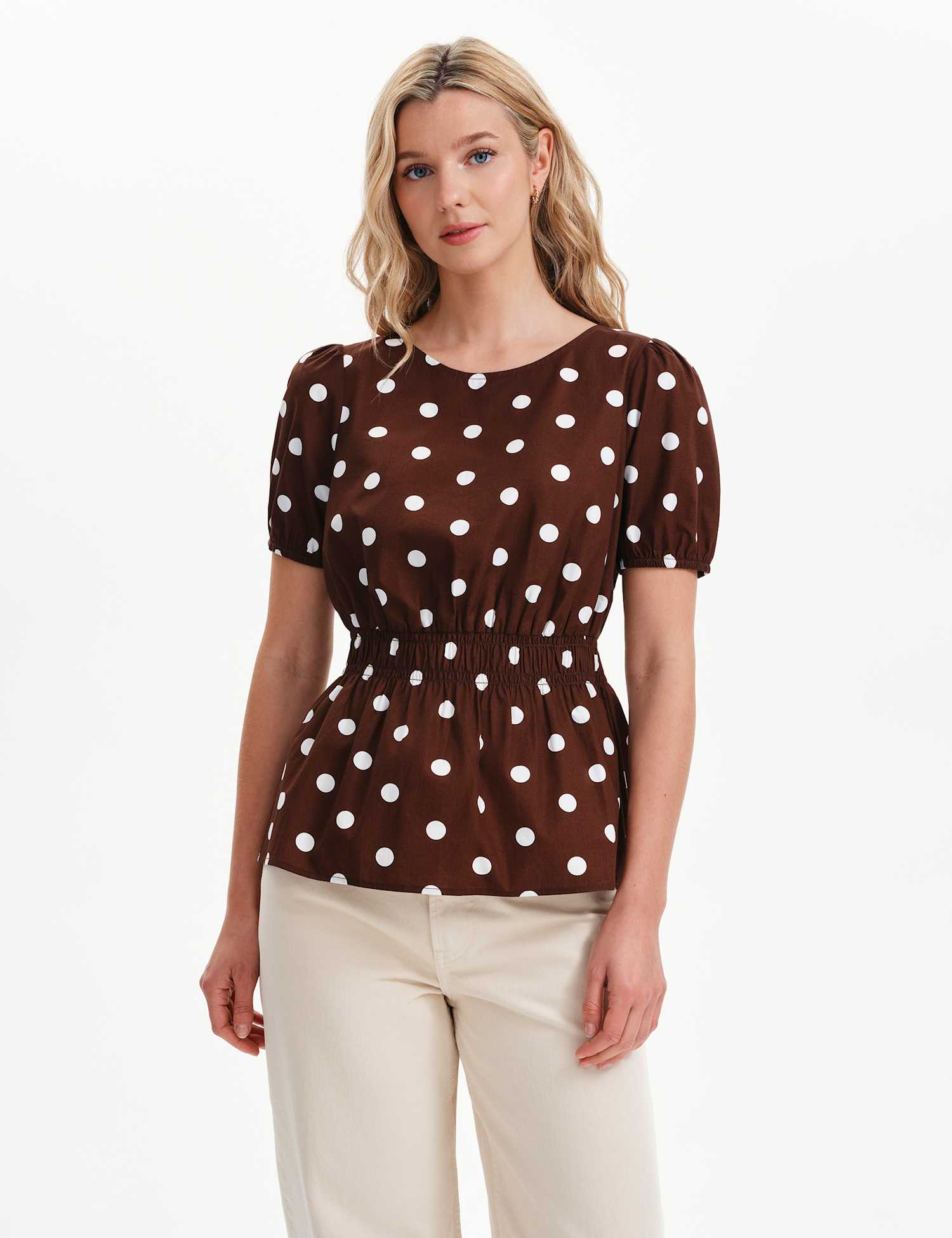 Finery London Pure Cotton Polka Dot Short Sleeve Top Brown Mix