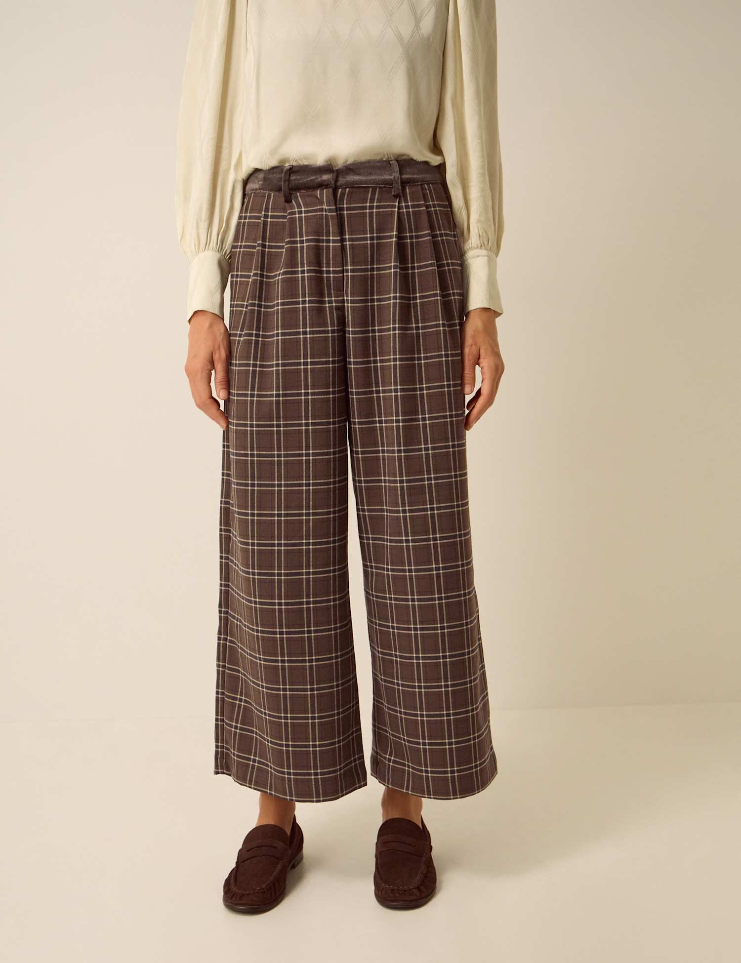 Monsoon Checked Wide Leg Trousers Brown Mix