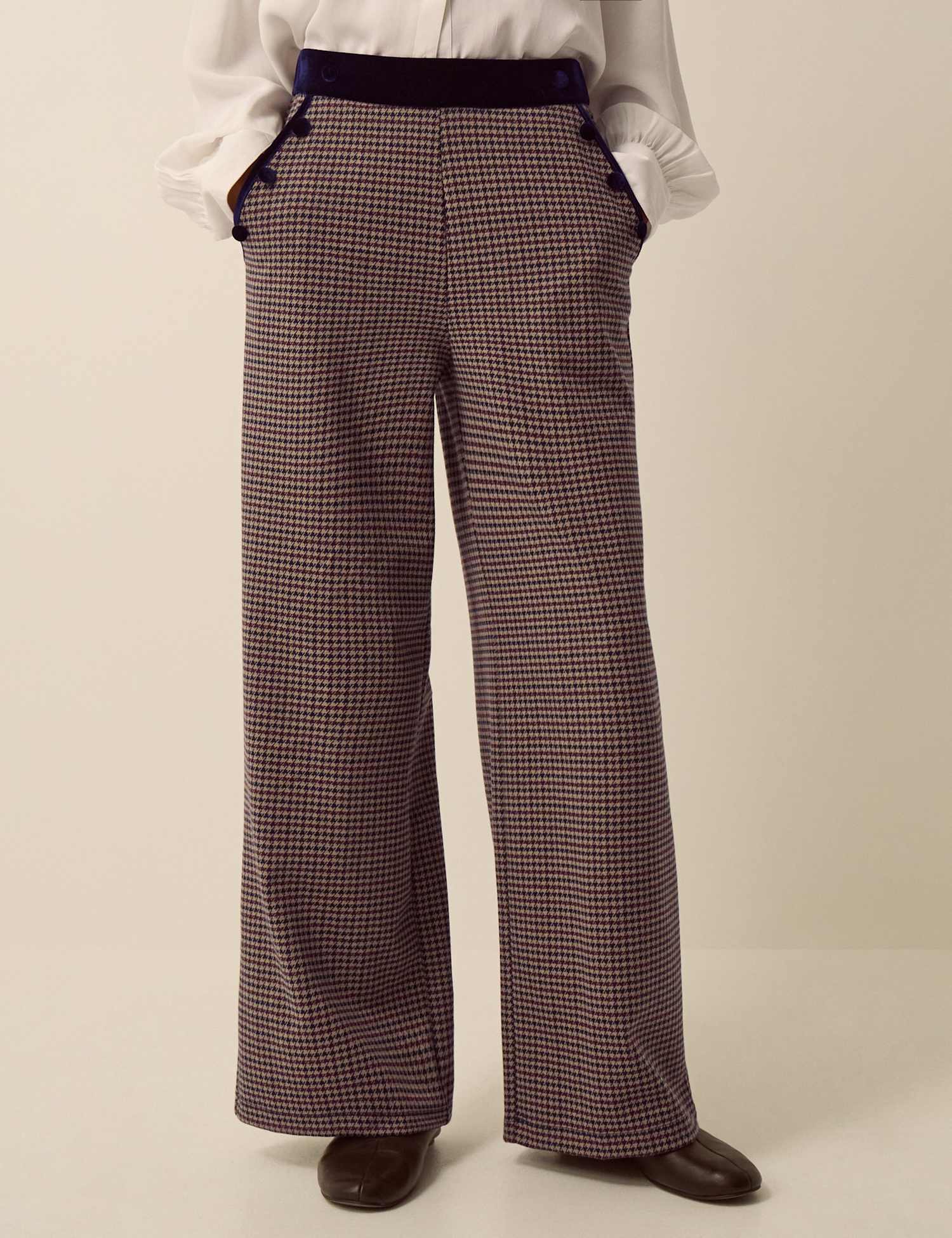 Monsoon Checked Wide Leg Jersey Trousers Brown Mix
