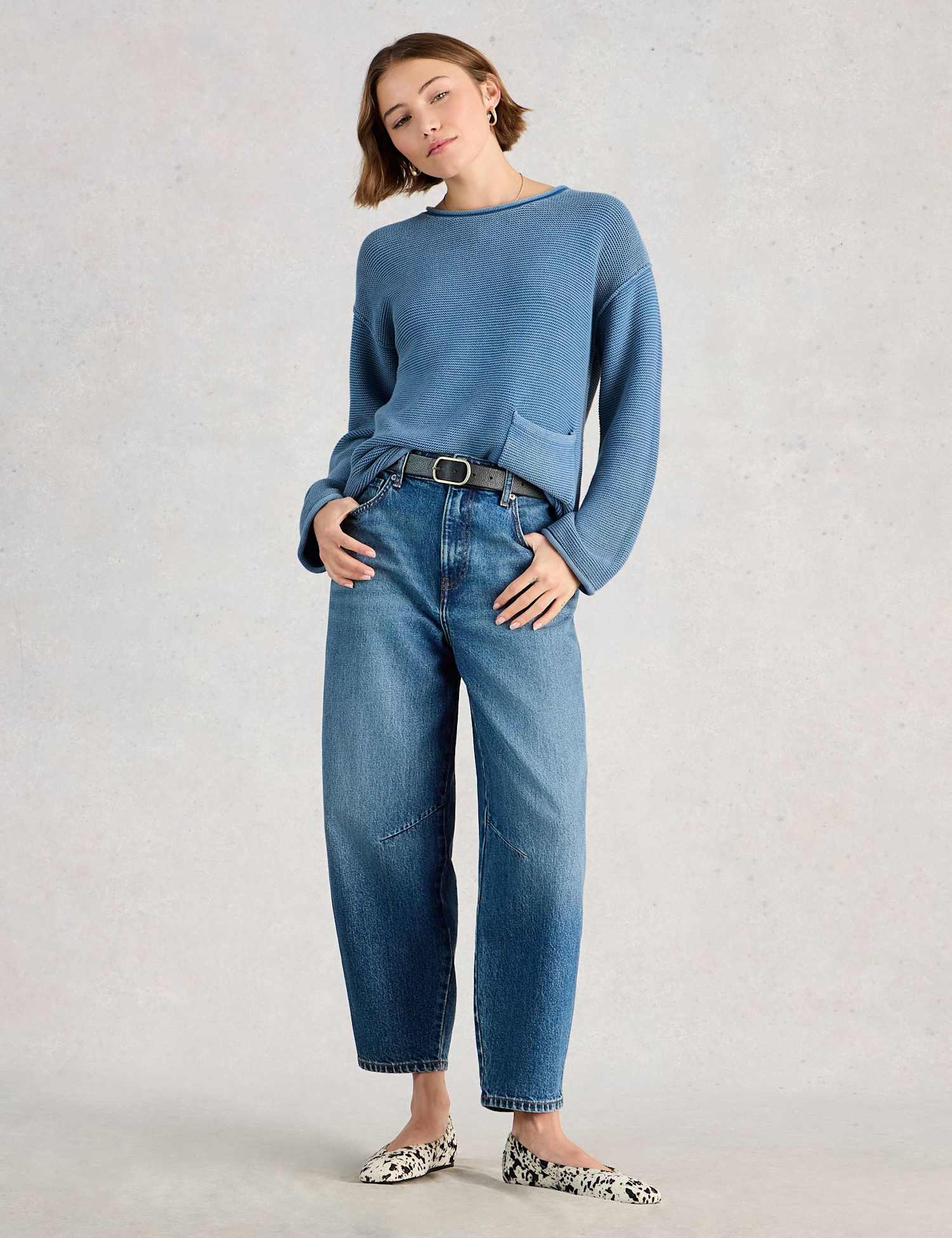 White Stuff Pure Cotton Textured Crew Neck Jumper Blue