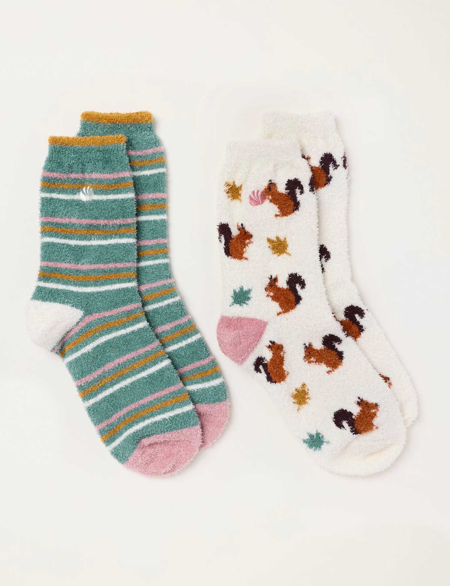 FatFace 2 Pack Squirrel Striped Fluffy Socks Ivory Mix