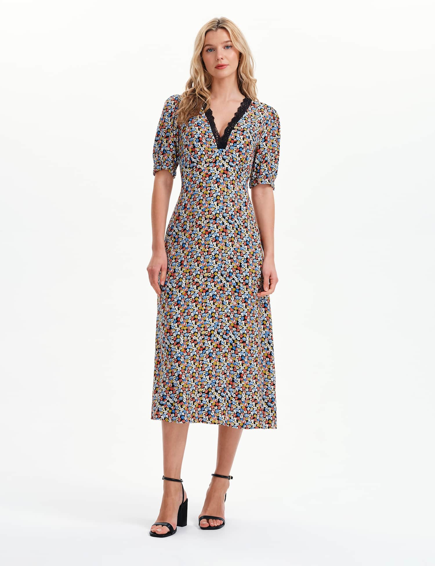 Finery London Floral Lace Trim Midi Waisted Dress Black Mix
