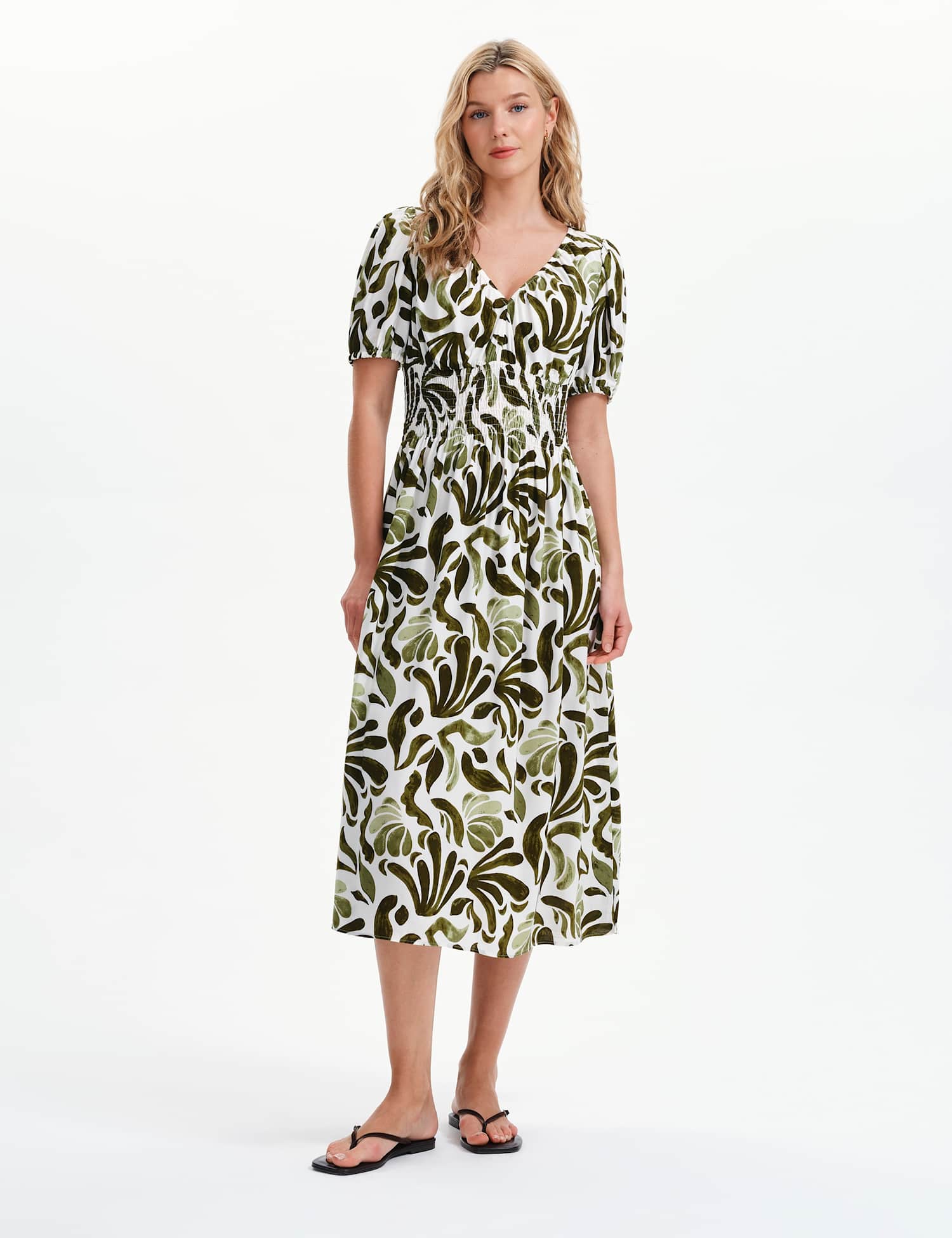 Finery London Palm Print V-Neck Midi Waisted Dress Green Mix