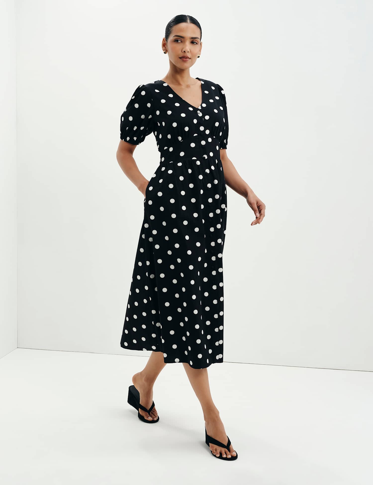 Finery London Pure Cotton Polka Dot V-Neck Midi Dress Black Mix