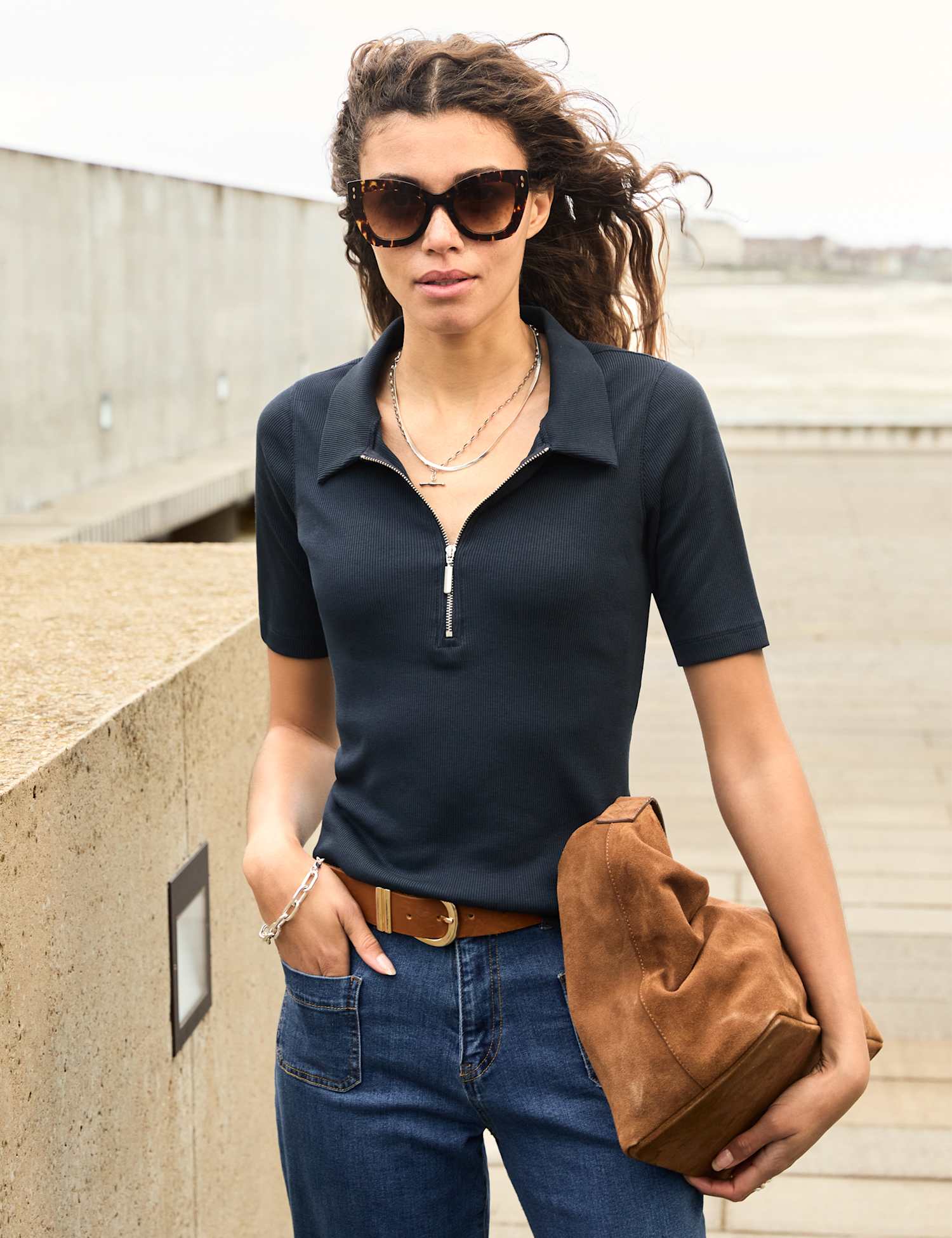 BAUKJEN Pure Cotton Collared Half Zip Top Navy