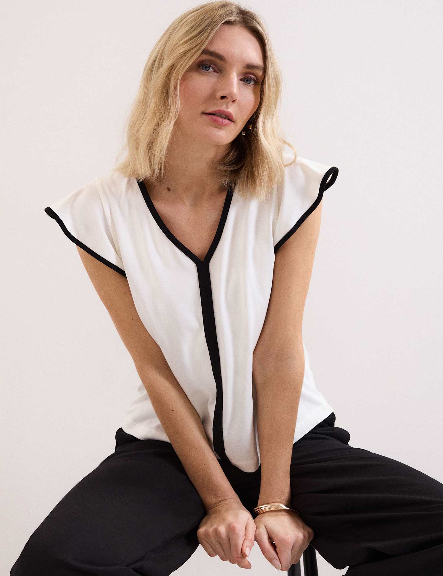 Phase Eight Pure Cotton V-Neck Flutter Sleeve Top Black Mix