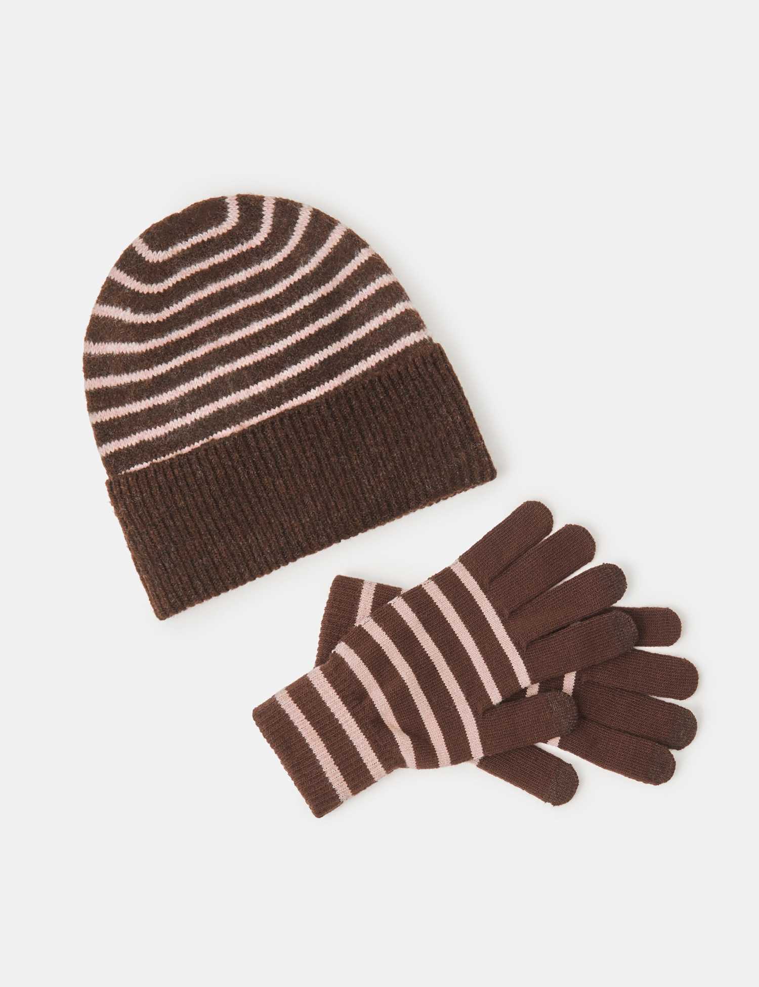 ACCESSORIZE Striped Beanie And Gloves Set Chocolate