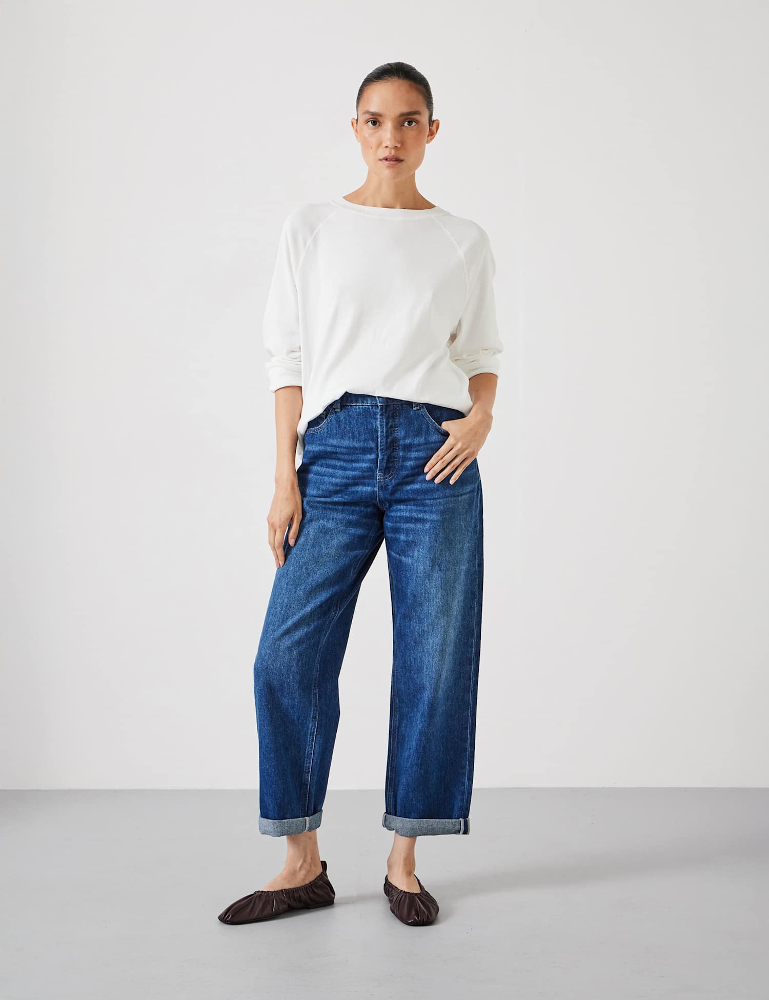 HUSH Boyfriend Mid Rise Cropped Turn Up Jeans Mid Blue