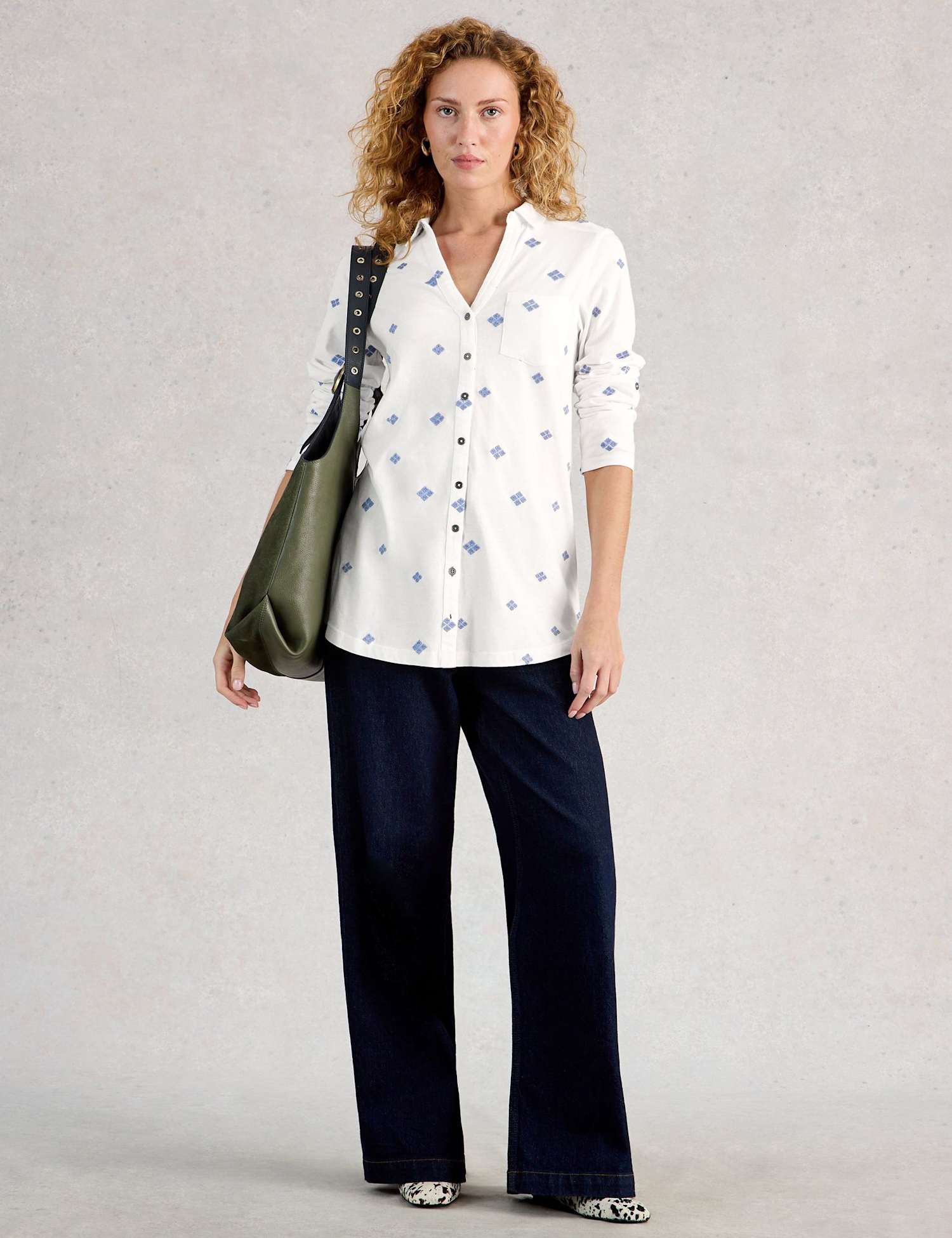 White Stuff Pure Cotton Embroidered Longline Shirt White Mix